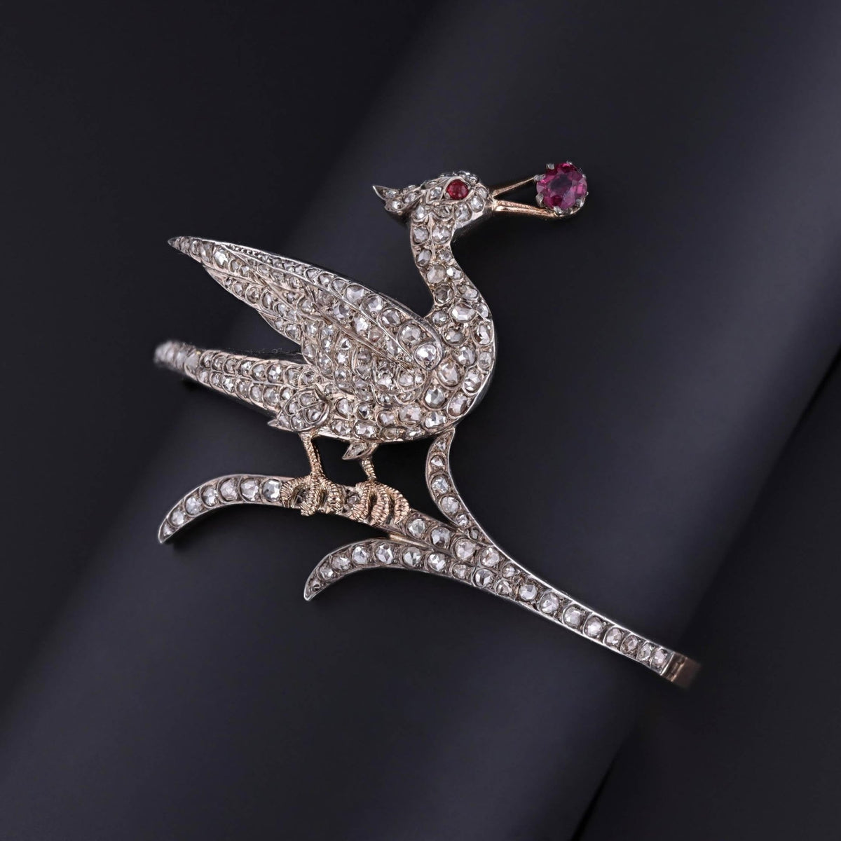 Antique Diamond Bird Bangle of Silver Topped 18k Gold - Trademark Antiques
