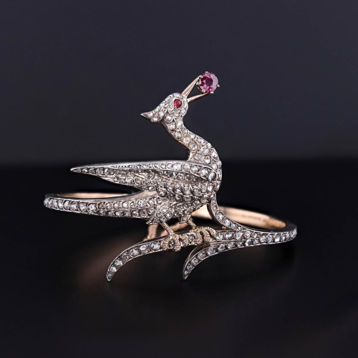 Antique Diamond Bird Bangle of Silver Topped 18k Gold - Trademark Antiques