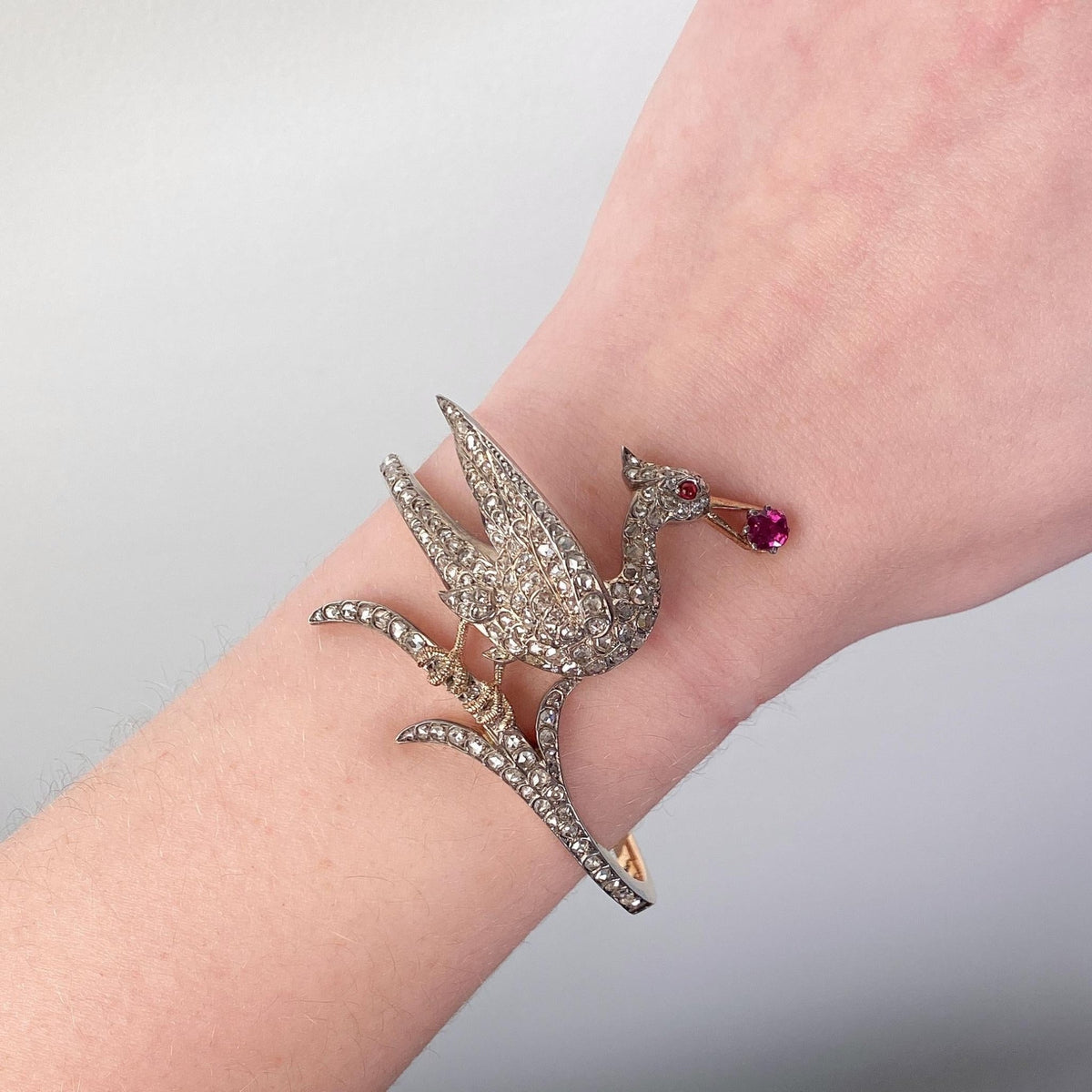 Antique Diamond Bird Bangle of Silver Topped 18k Gold - Trademark Antiques