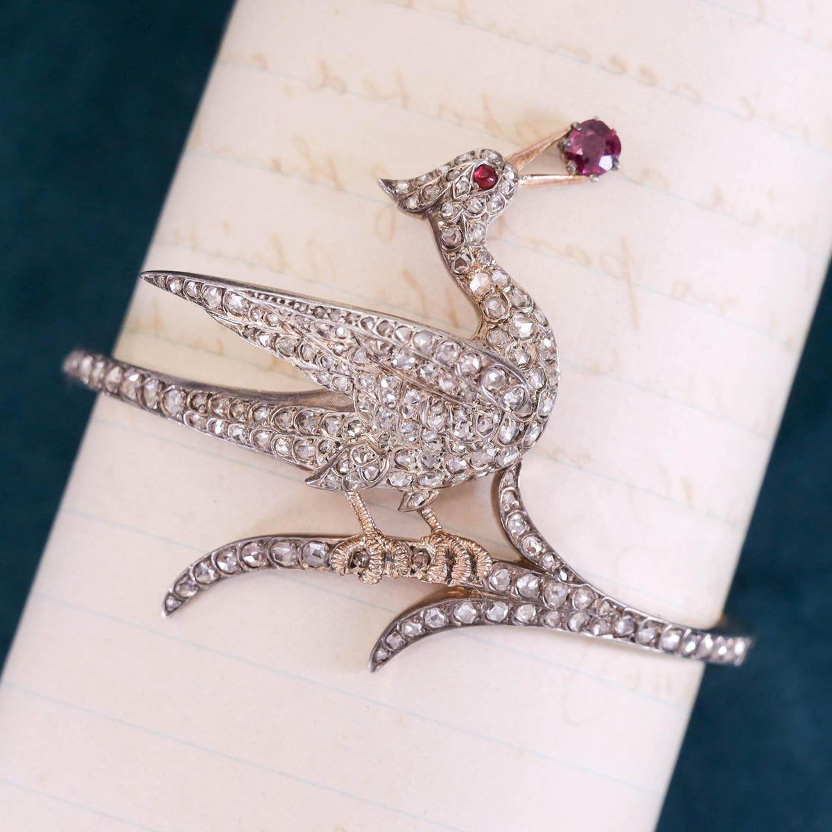 Antique Diamond Bird Bangle of Silver Topped 18k Gold - Trademark Antiques