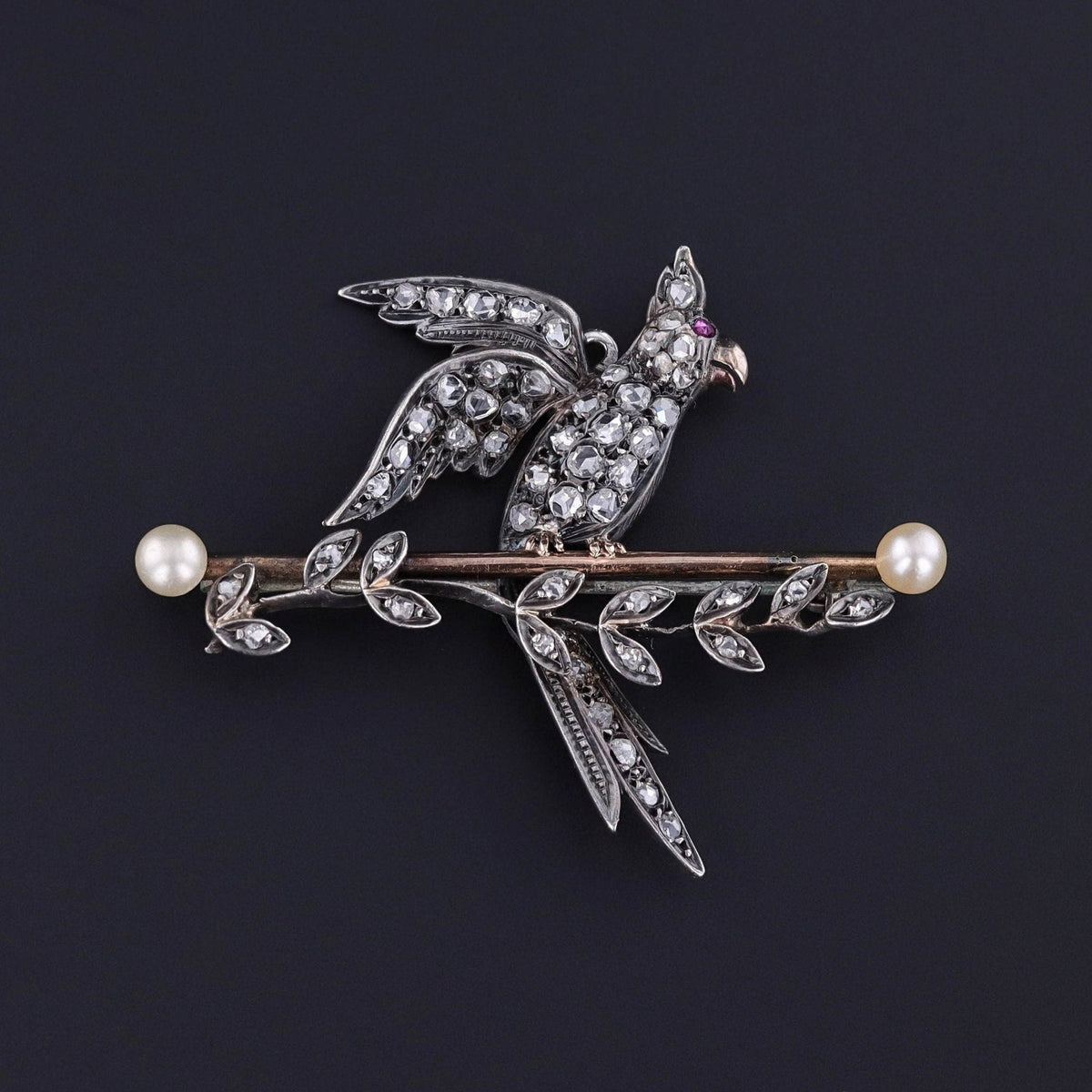Antique Diamond Bird Brooch of Silver &amp; 9ct Gold - Trademark Antiques