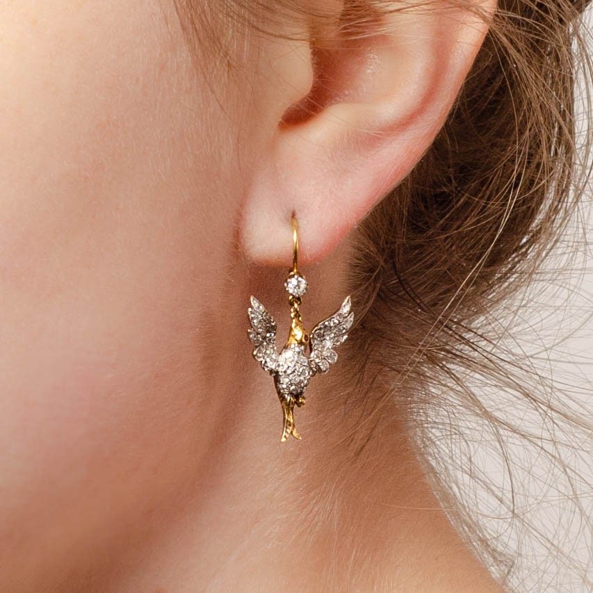 Antique Diamond Bird Earrings Platinum and 18k Gold - Trademark Antiques