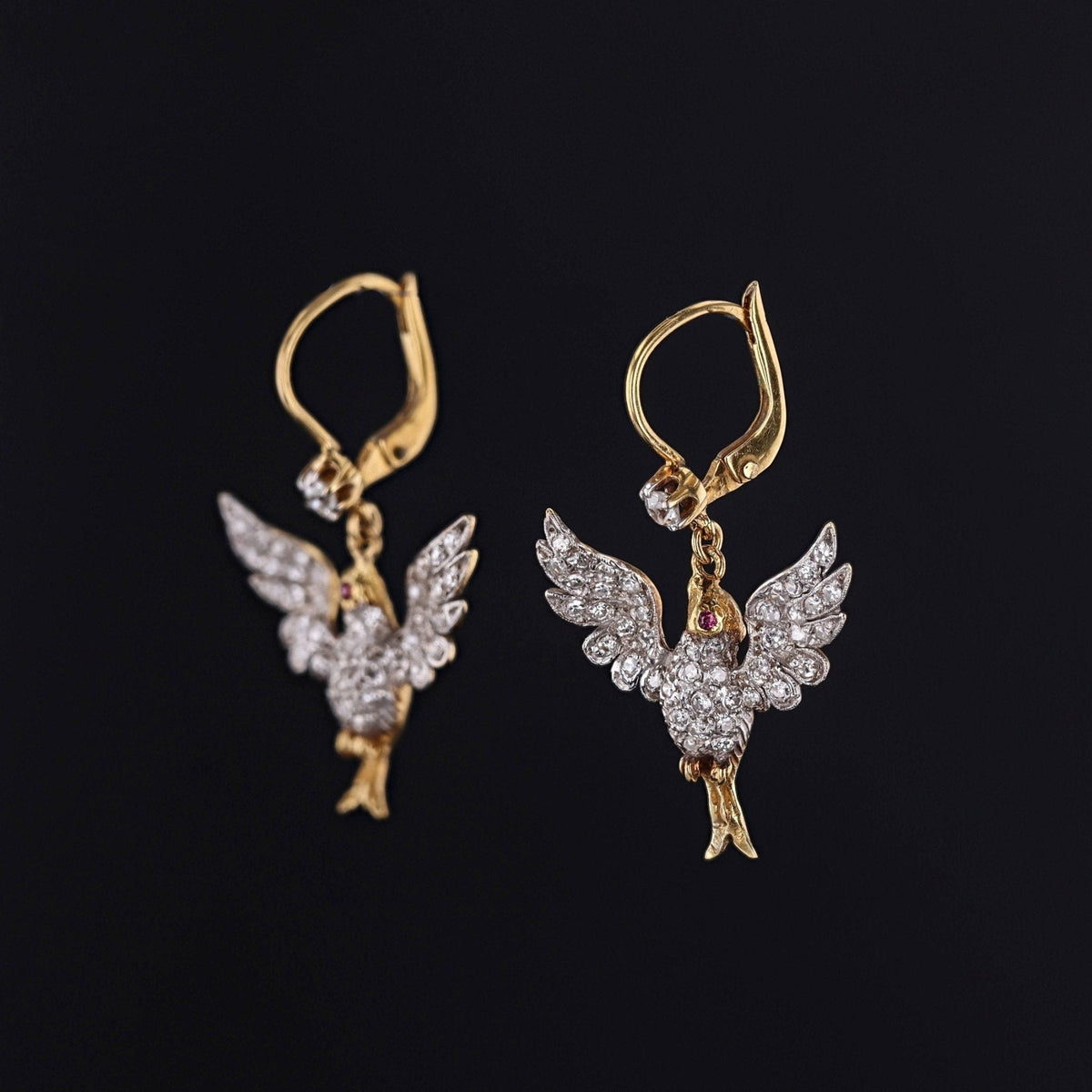 Antique Diamond Bird Earrings Platinum and 18k Gold - Trademark Antiques