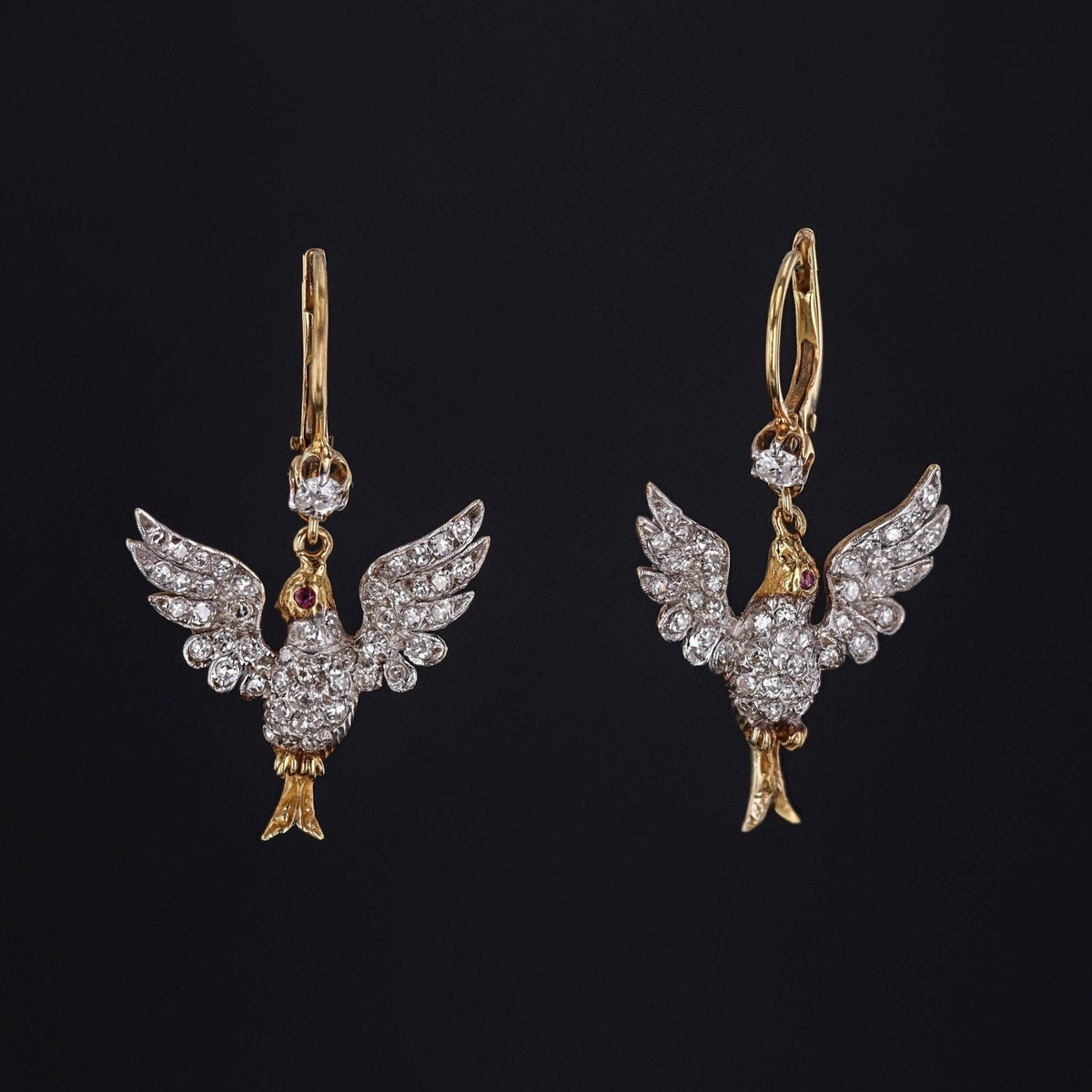 Antique Diamond Bird Earrings Platinum and 18k Gold - Trademark Antiques