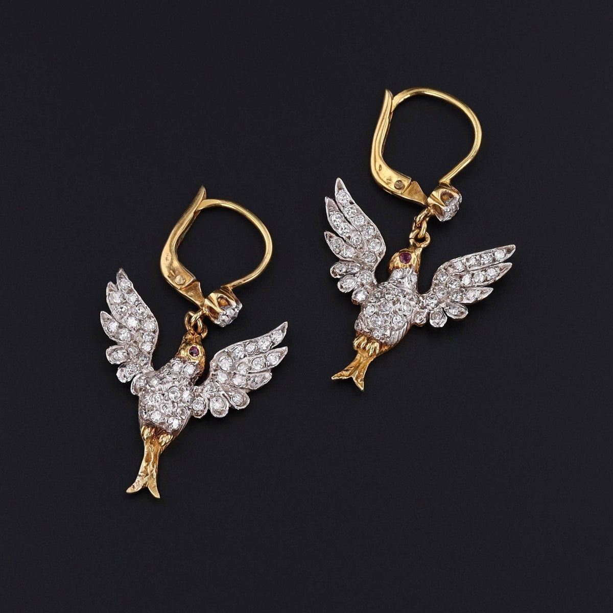 Antique Diamond Bird Earrings Platinum and 18k Gold - Trademark Antiques