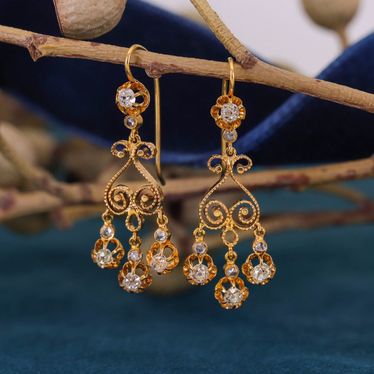 Antique Diamond Chandelier Earrings of 14k Gold - Trademark Antiques