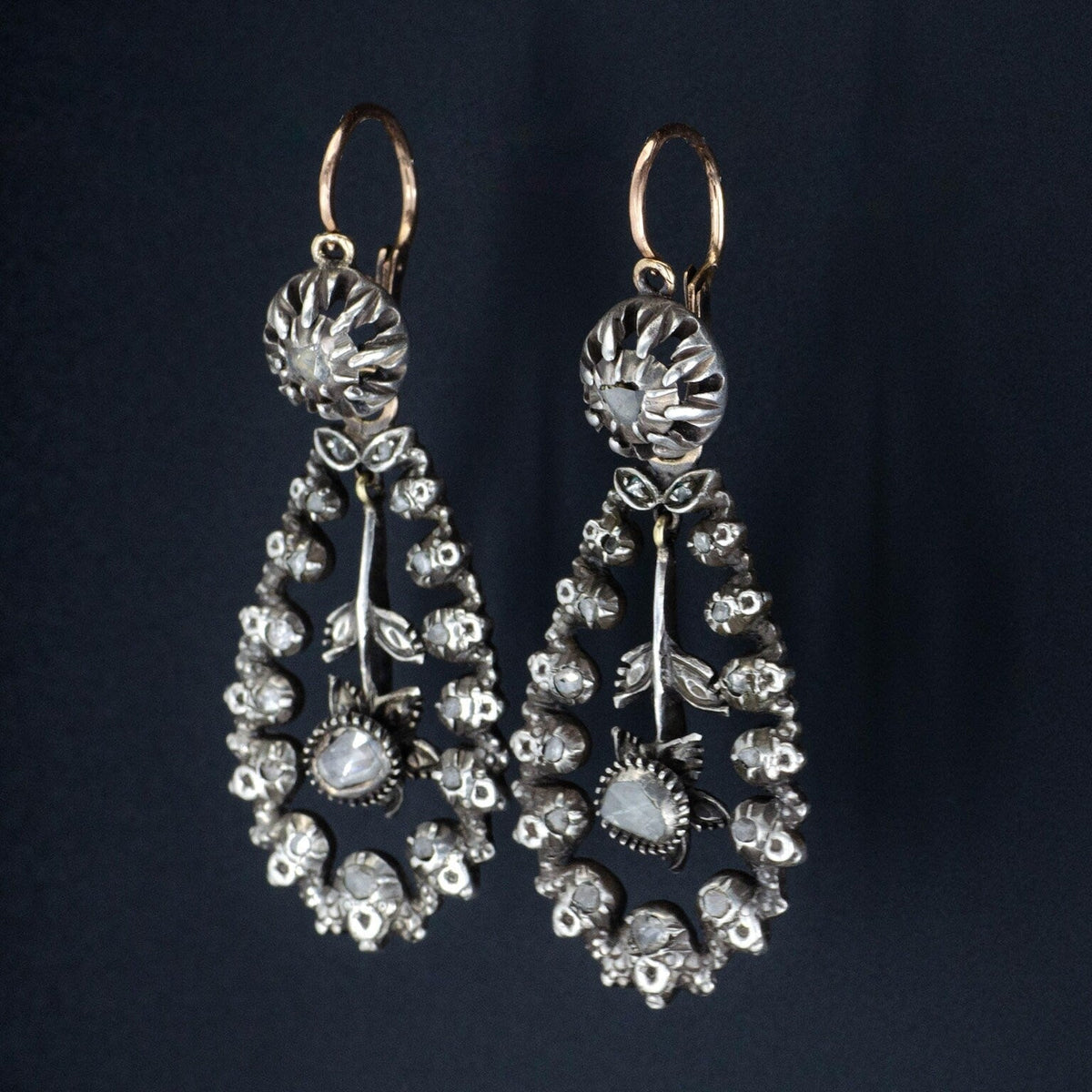 Antique Diamond Earrings of Silver with 14k Rose Gold - Trademark Antiques