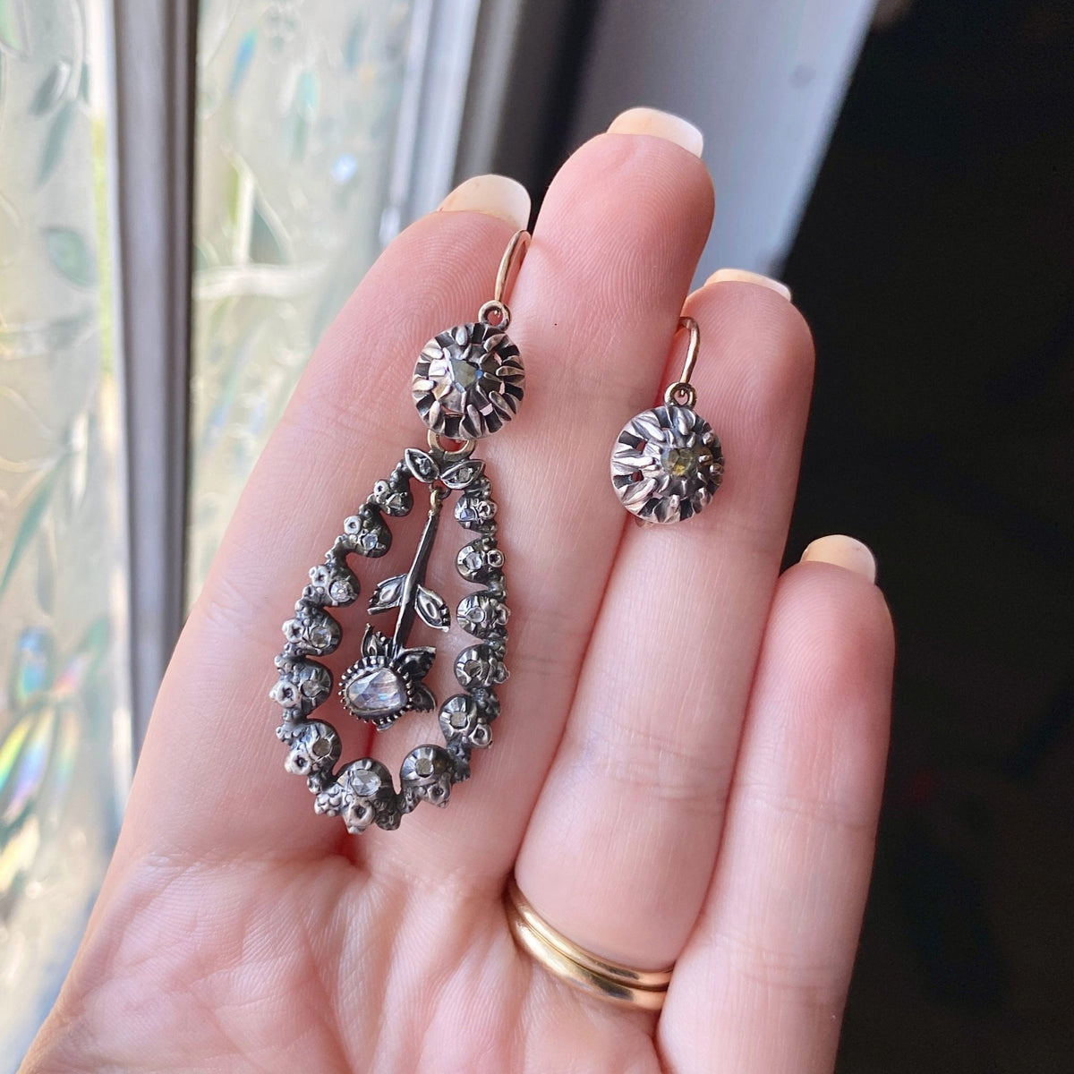 Antique Diamond Earrings of Silver with 14k Rose Gold - Trademark Antiques