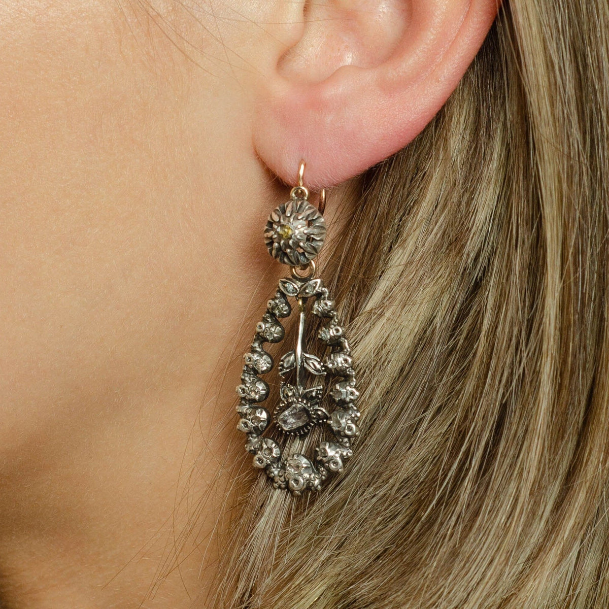 Antique Diamond Earrings of Silver with 14k Rose Gold - Trademark Antiques