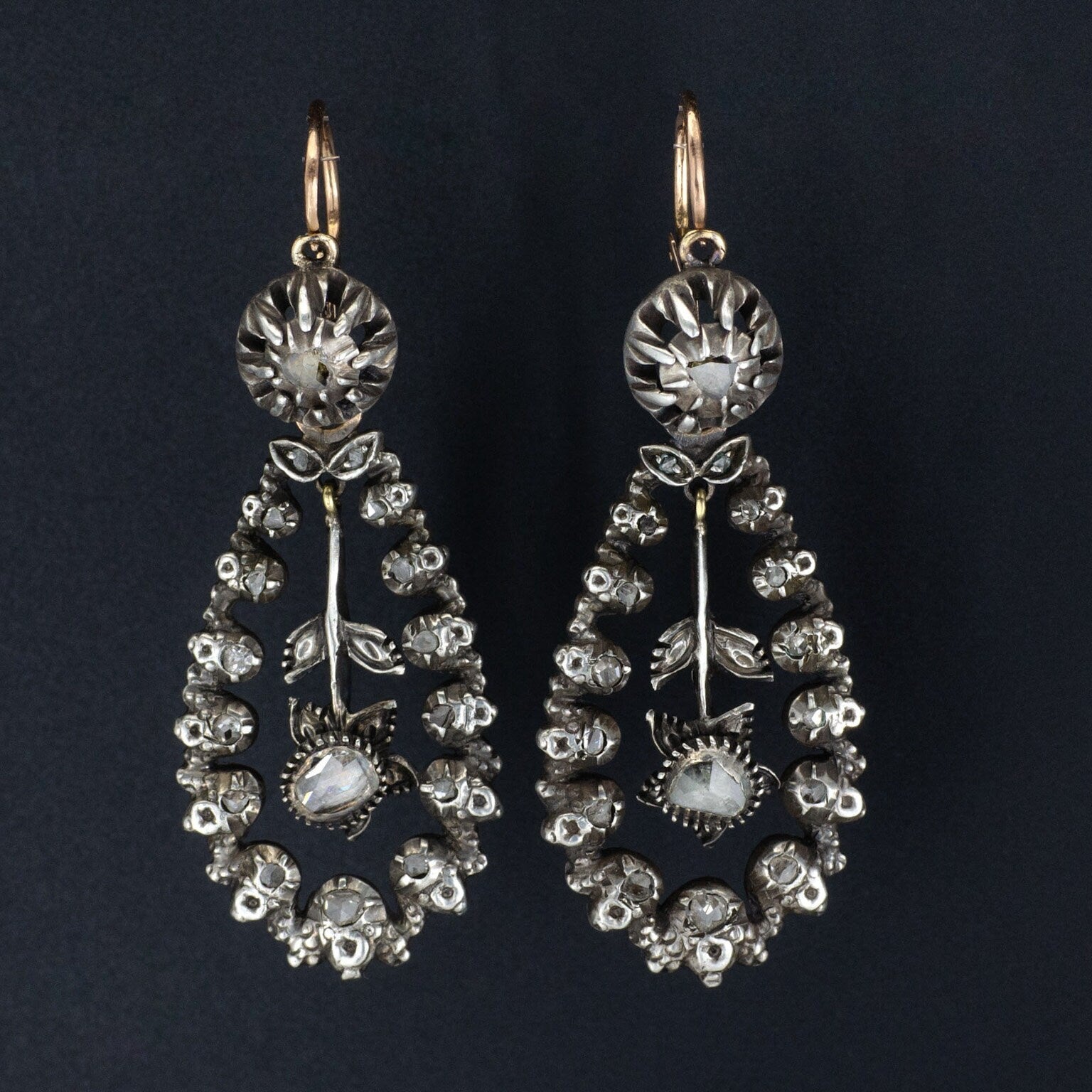 Antique Diamond Earrings of Silver with 14k Rose Gold - Trademark Antiques
