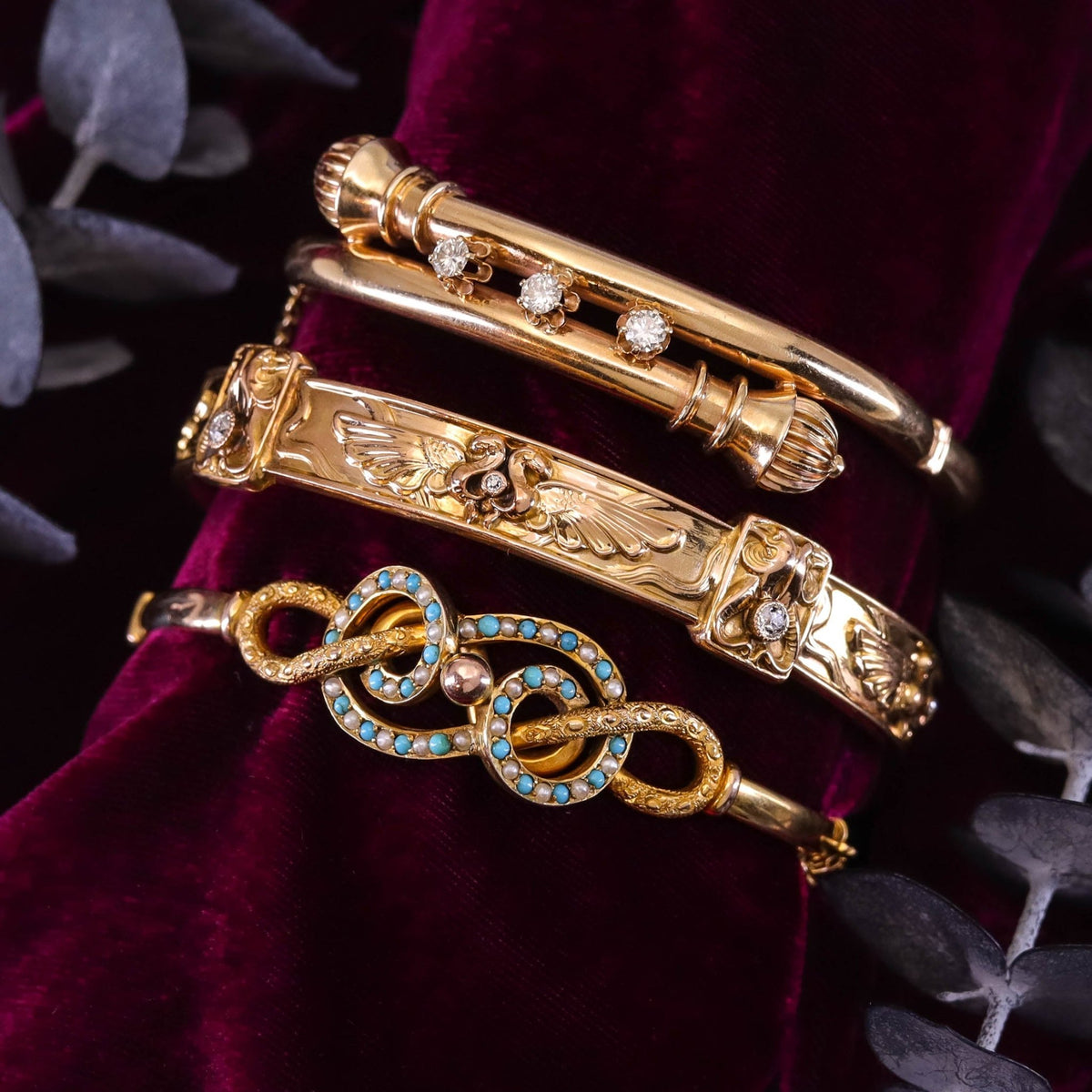 Antique Diamond Egyptian Revival Bangle of 14k Gold - Trademark Antiques