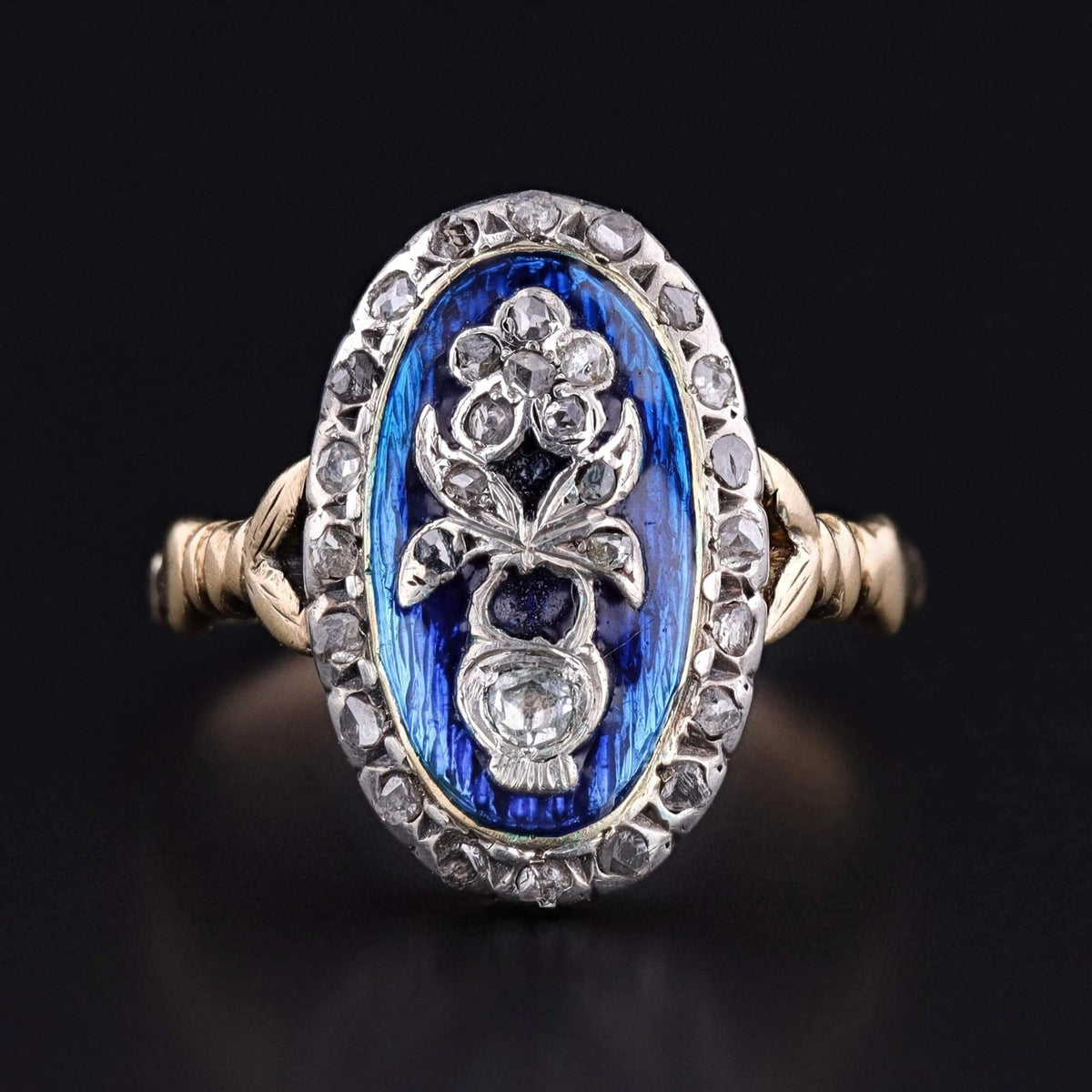 Antique Diamond Flower and Enamel Ring of 18k Gold - Trademark Antiques