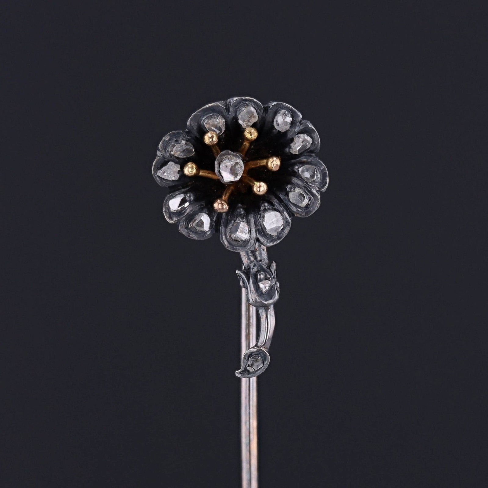 Antique Diamond Flower Stickpin of Silver and 14k Gold - Trademark Antiques