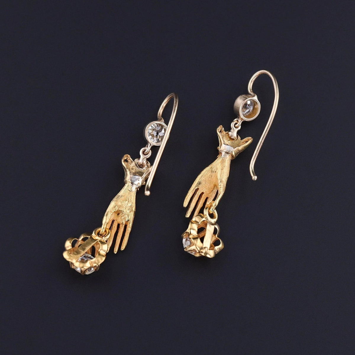 Antique Diamond Hand Earrings of 14k and 18k Gold - Trademark Antiques