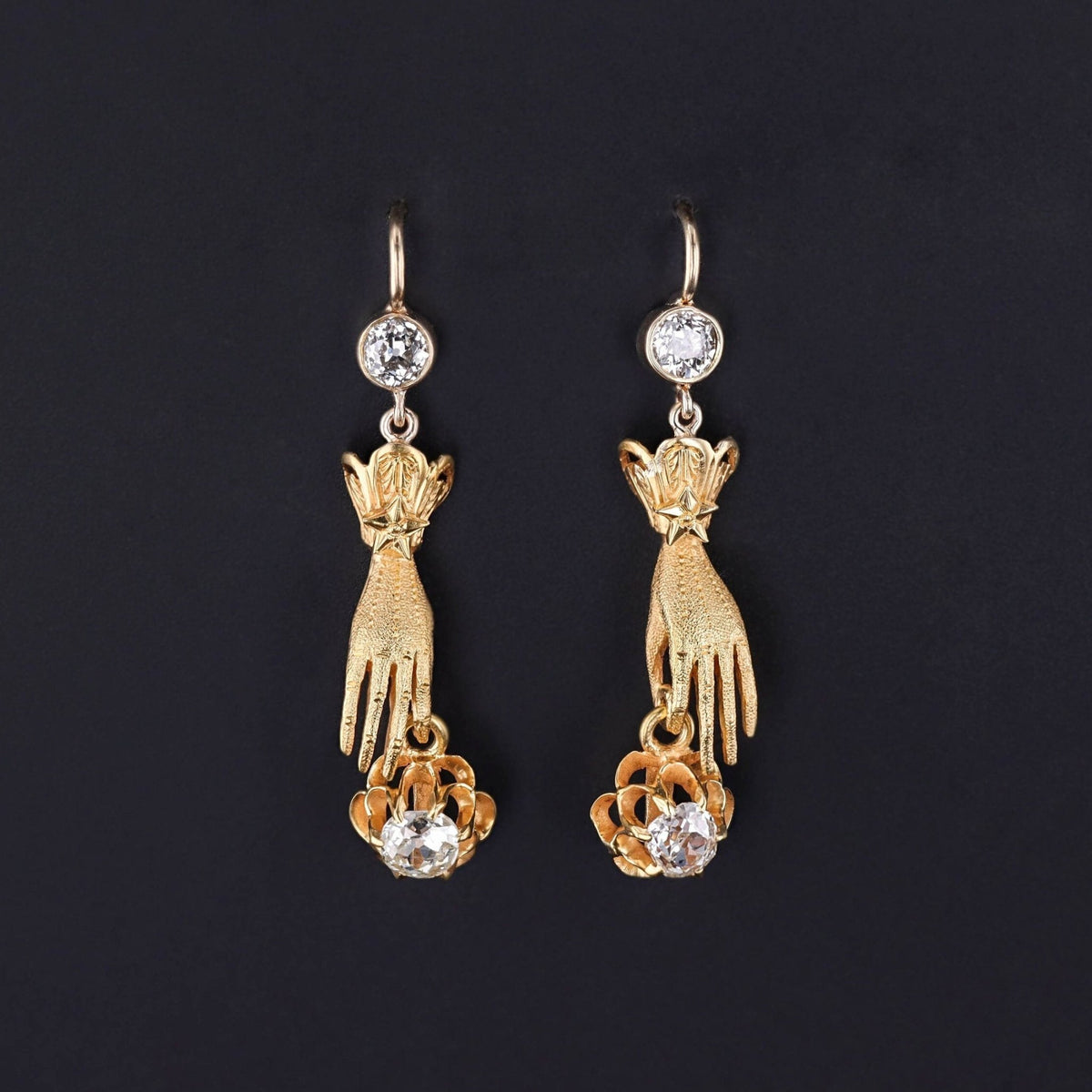 Antique Diamond Hand Earrings of 14k and 18k Gold - Trademark Antiques