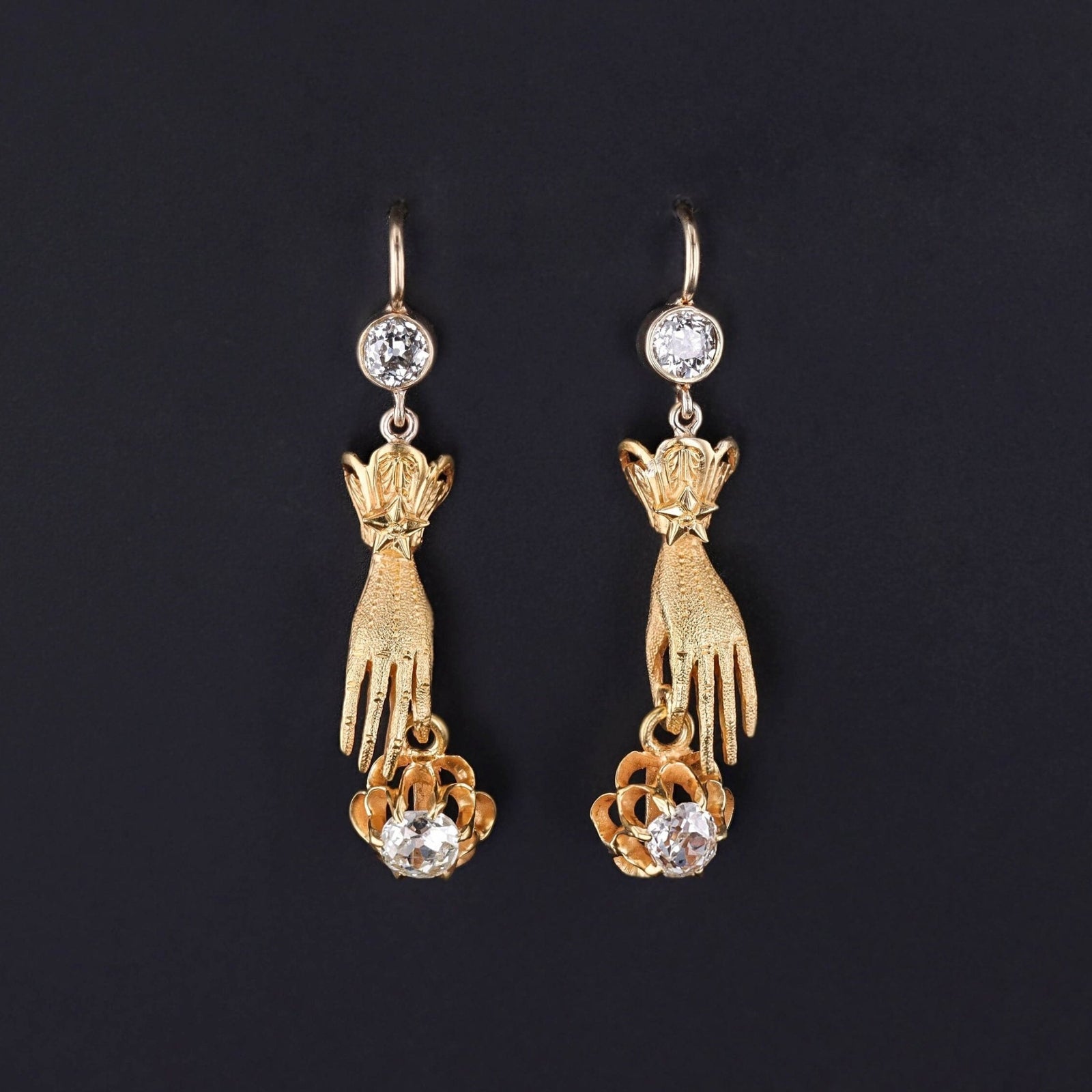 Antique Diamond Hand Earrings of 14k and 18k Gold - Trademark Antiques