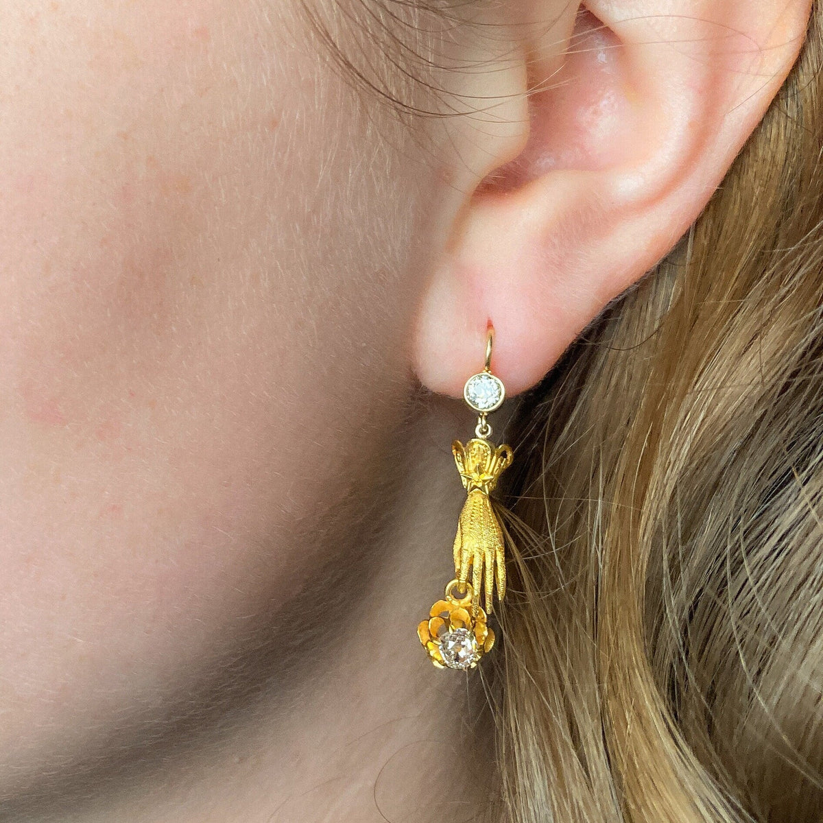 Antique Diamond Hand Earrings of 14k and 18k Gold - Trademark Antiques