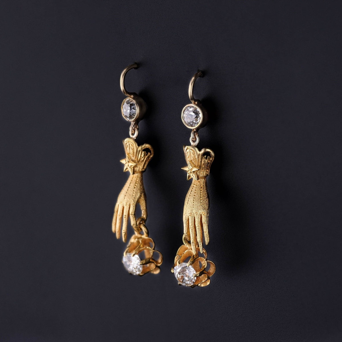 Antique Diamond Hand Earrings of 14k and 18k Gold - Trademark Antiques