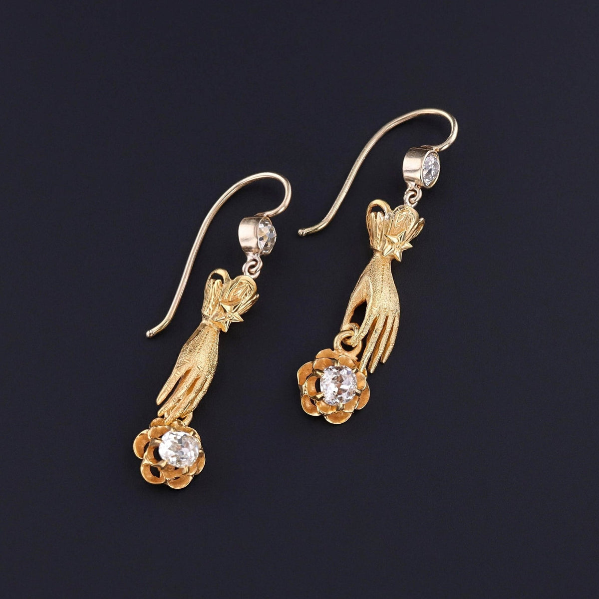 Antique Diamond Hand Earrings of 14k and 18k Gold - Trademark Antiques