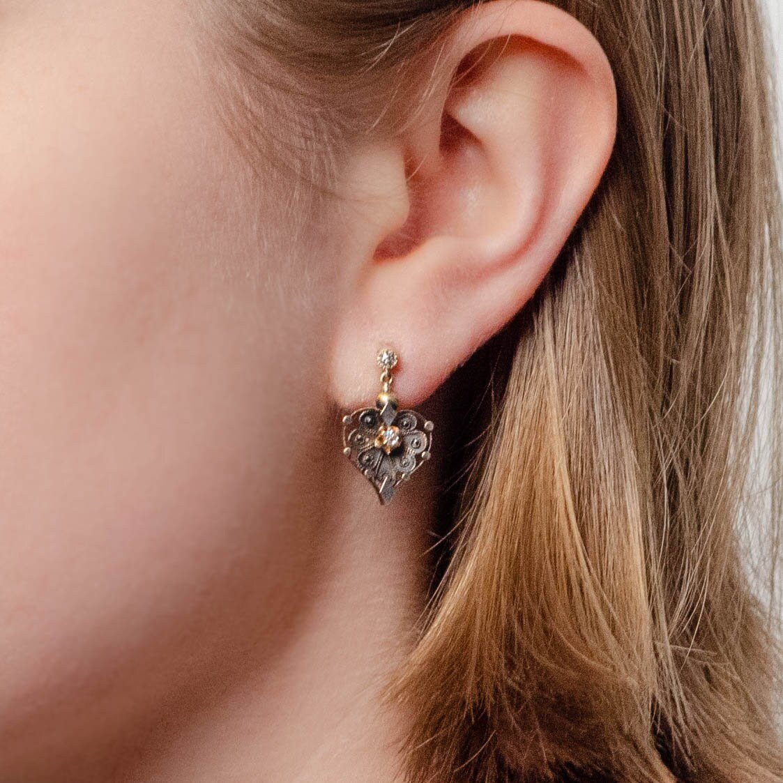 Antique Diamond Heart Conversion Earrings of 14k Gold - Trademark Antiques