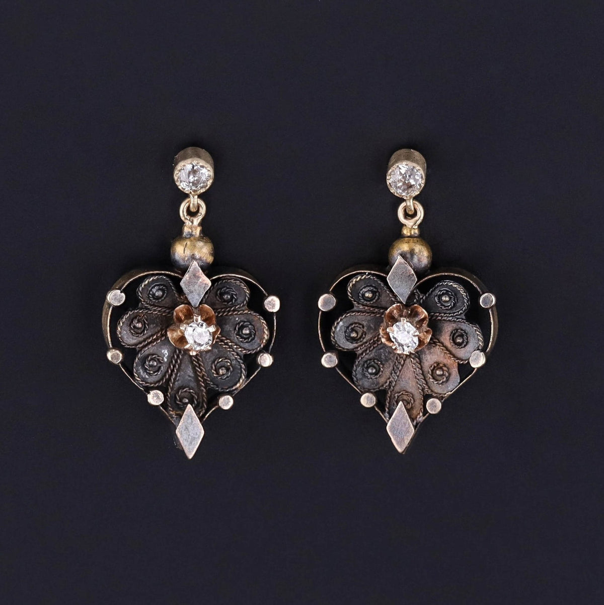 Antique Diamond Heart Conversion Earrings of 14k Gold - Trademark Antiques