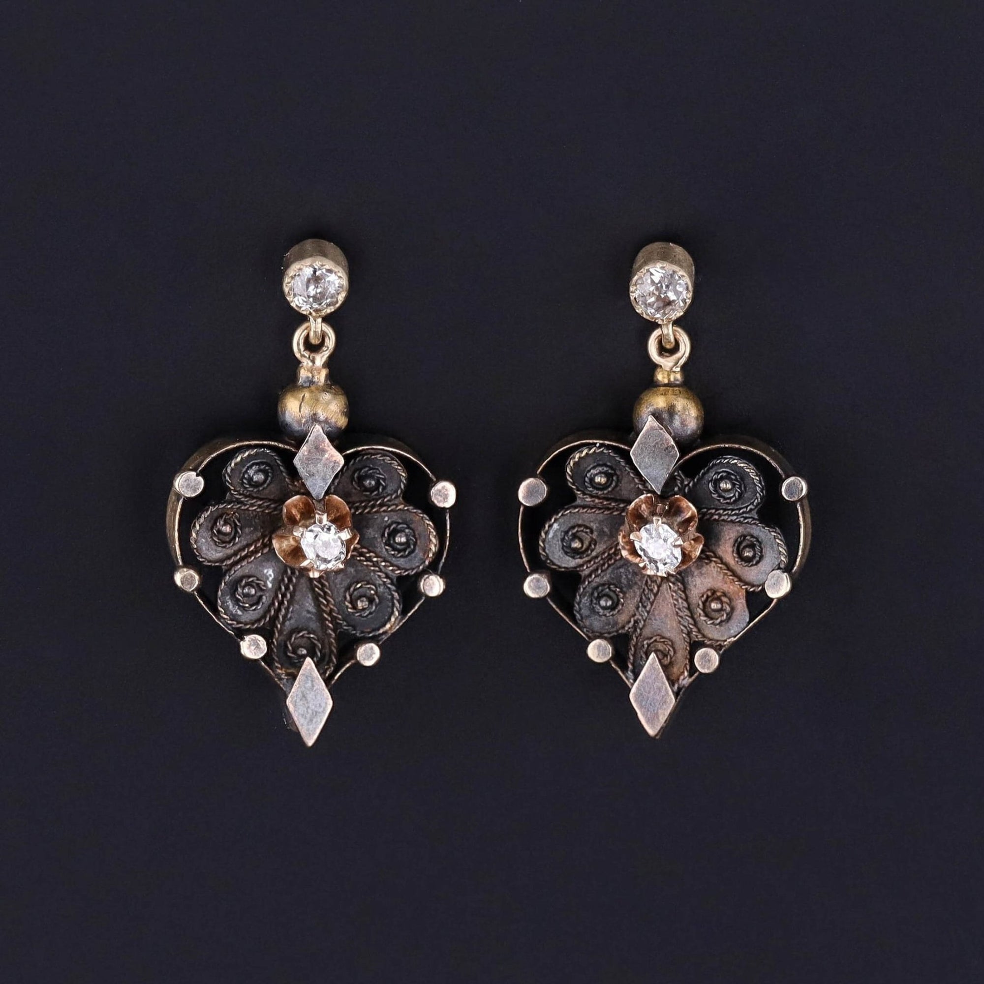 Antique Diamond Heart Conversion Earrings of 14k Gold - Trademark Antiques