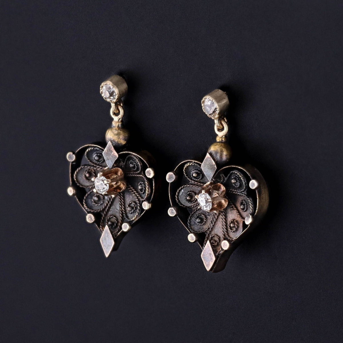 Antique Diamond Heart Conversion Earrings of 14k Gold - Trademark Antiques