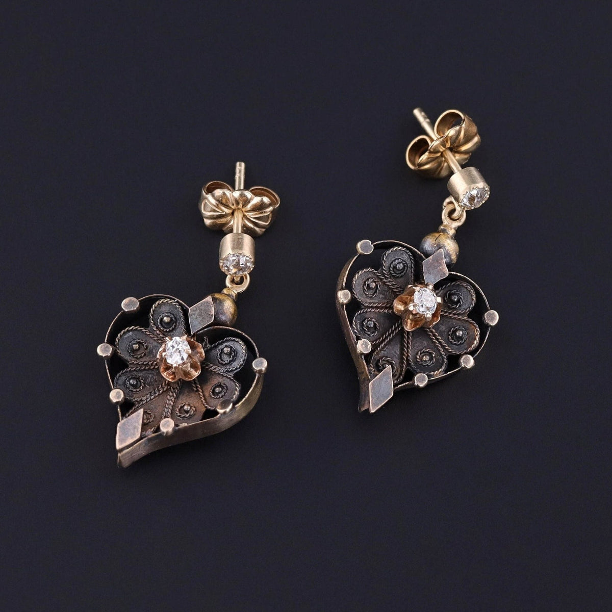 Antique Diamond Heart Conversion Earrings of 14k Gold - Trademark Antiques