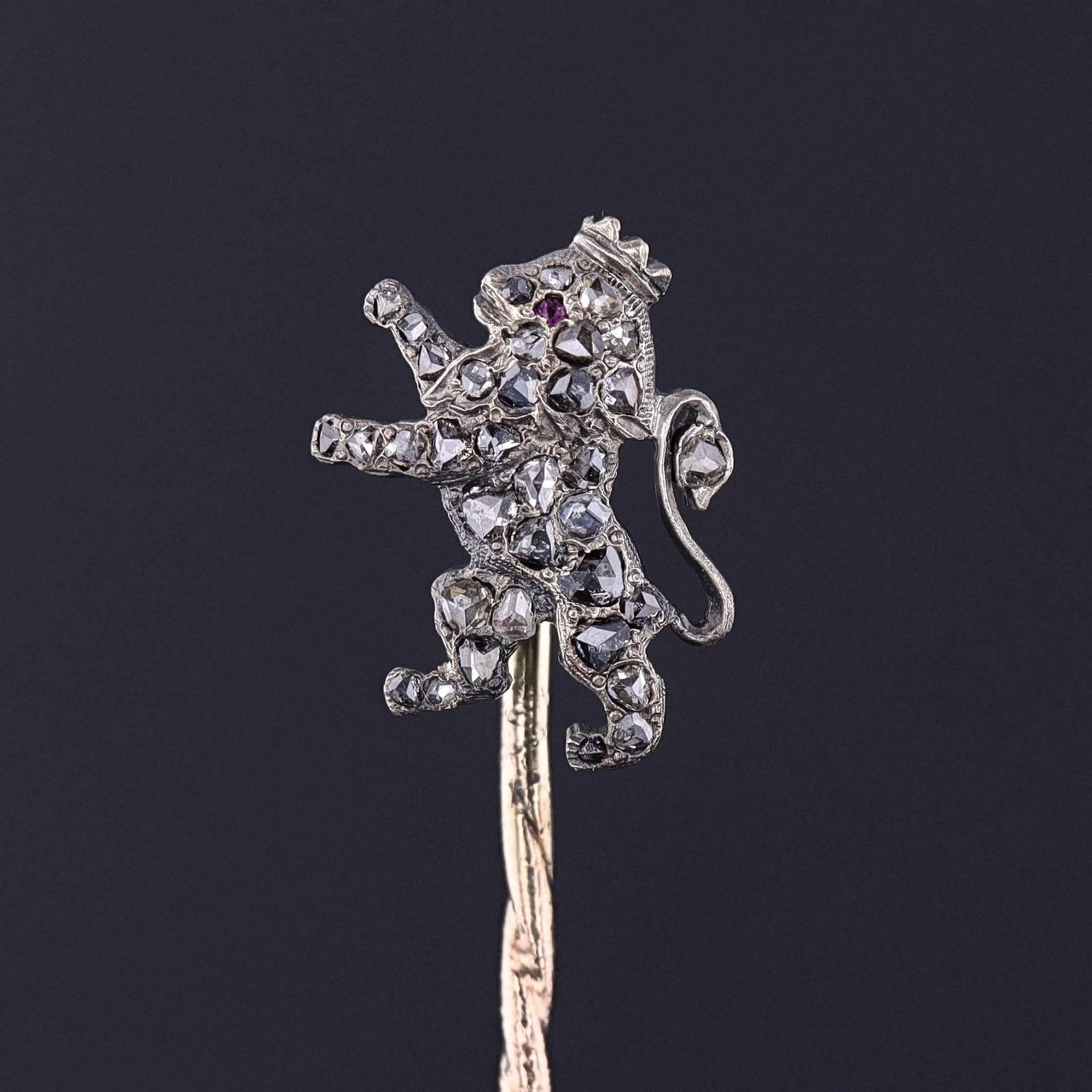 Antique Diamond Lion Stickpin of Silver and Gold - Trademark Antiques