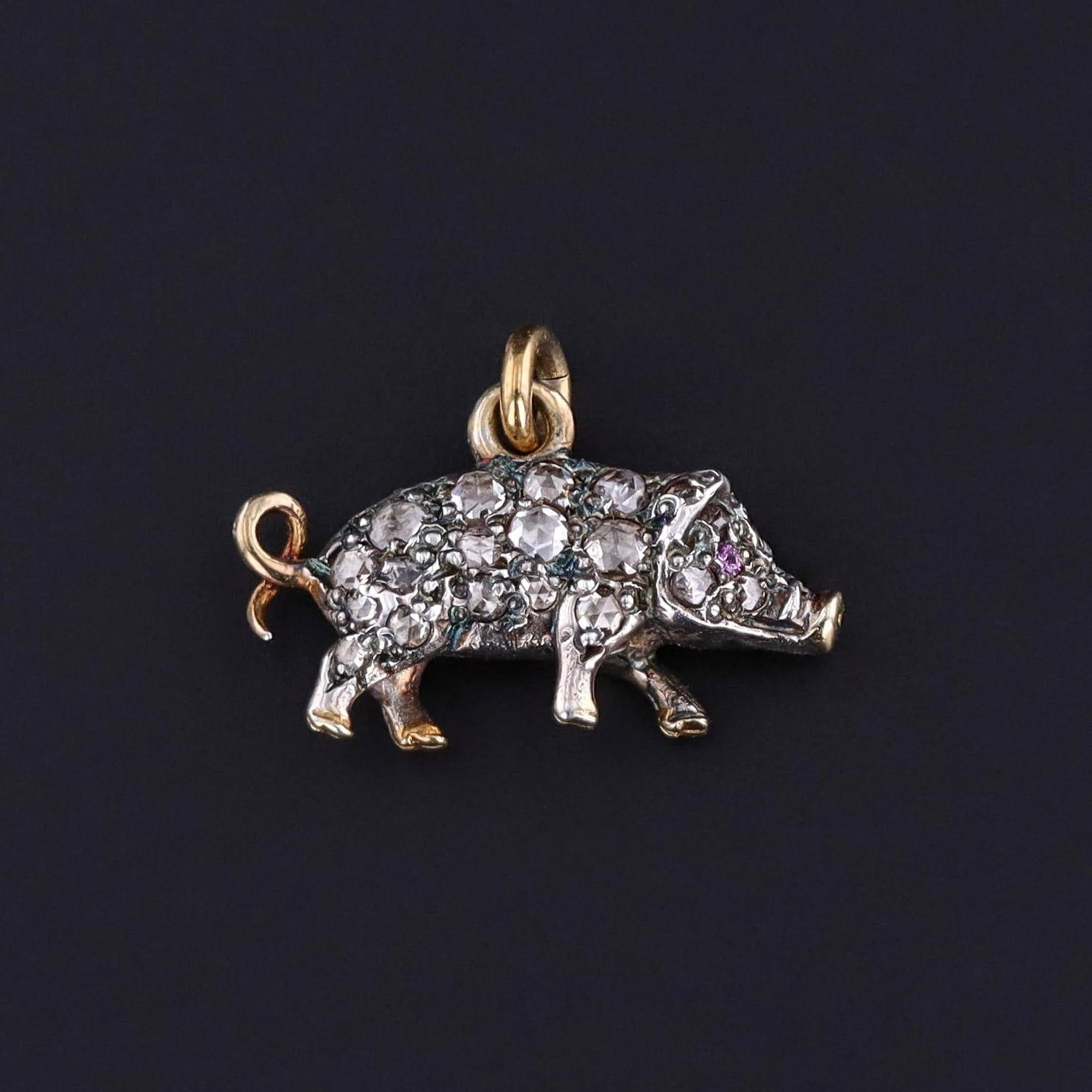 Antique Diamond Pig Charm of 14k Gold & Silver - Trademark Antiques