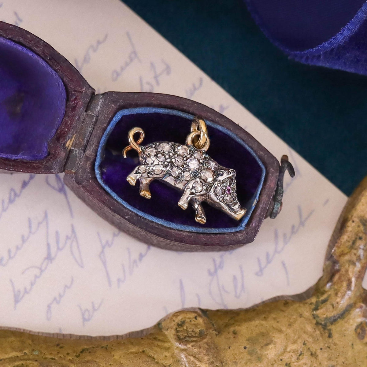 Antique Diamond Pig Charm of 14k Gold &amp; Silver - Trademark Antiques
