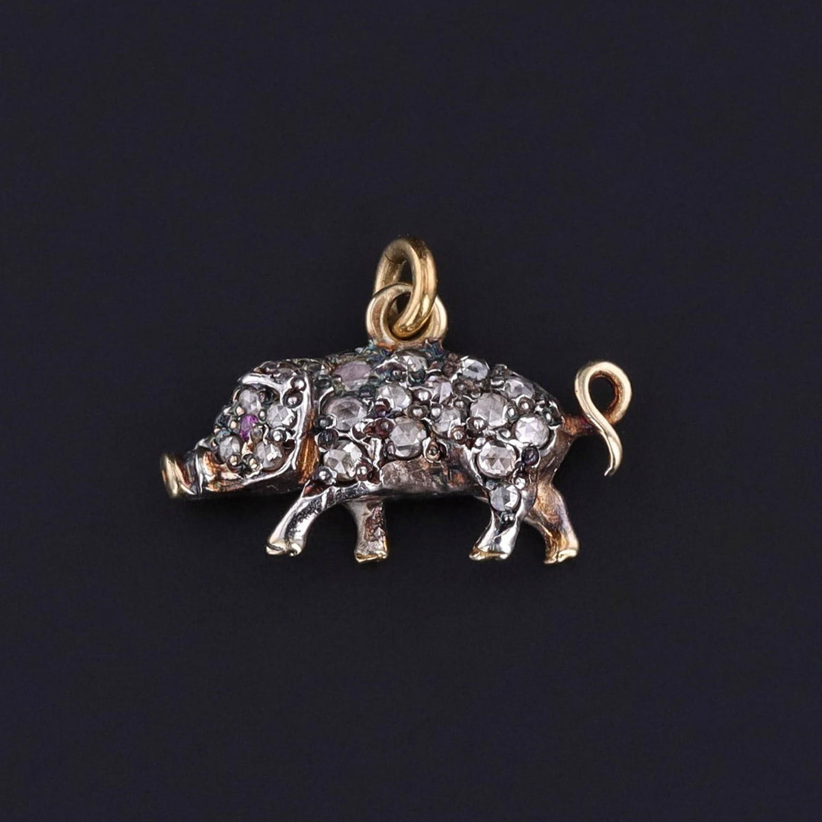 Antique Diamond Pig Charm of 14k Gold &amp; Silver - Trademark Antiques