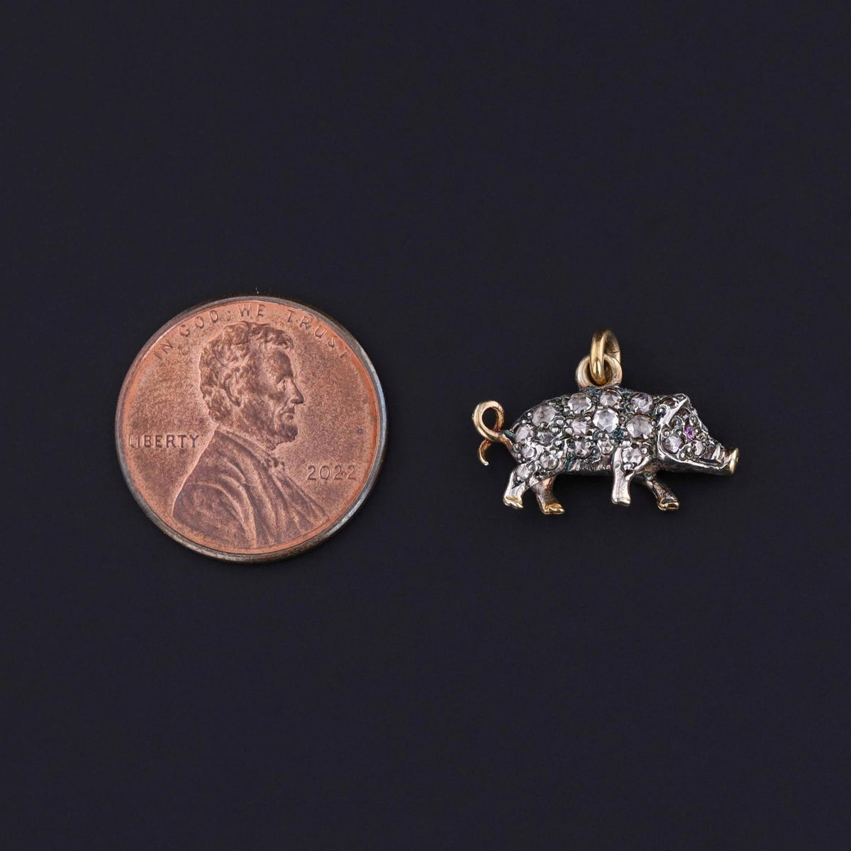 Antique Diamond Pig Charm of 14k Gold &amp; Silver - Trademark Antiques