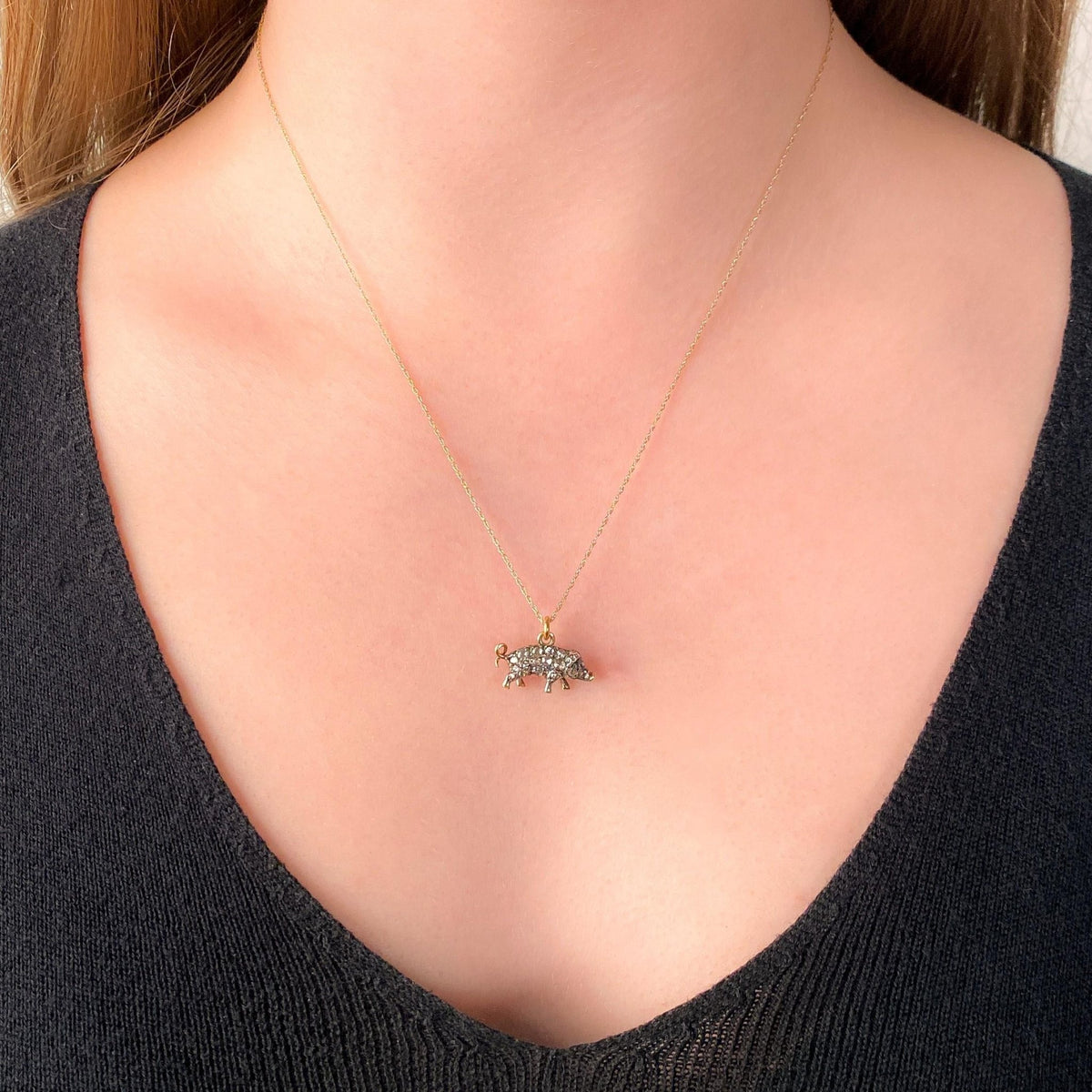 Antique Diamond Pig Charm of 14k Gold &amp; Silver - Trademark Antiques