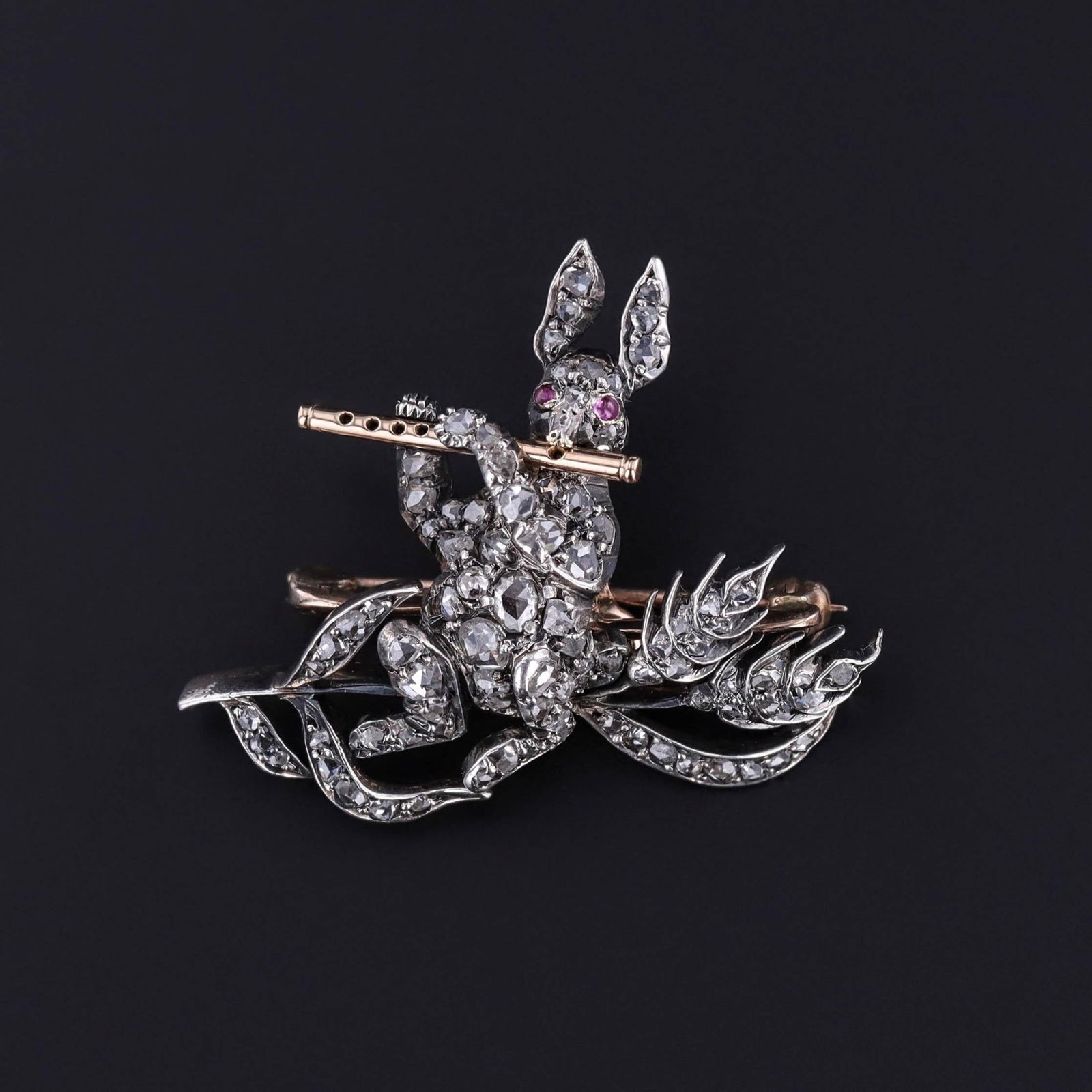 Antique Diamond Rabbit Brooch of Silver & 10k Gold - Trademark Antiques