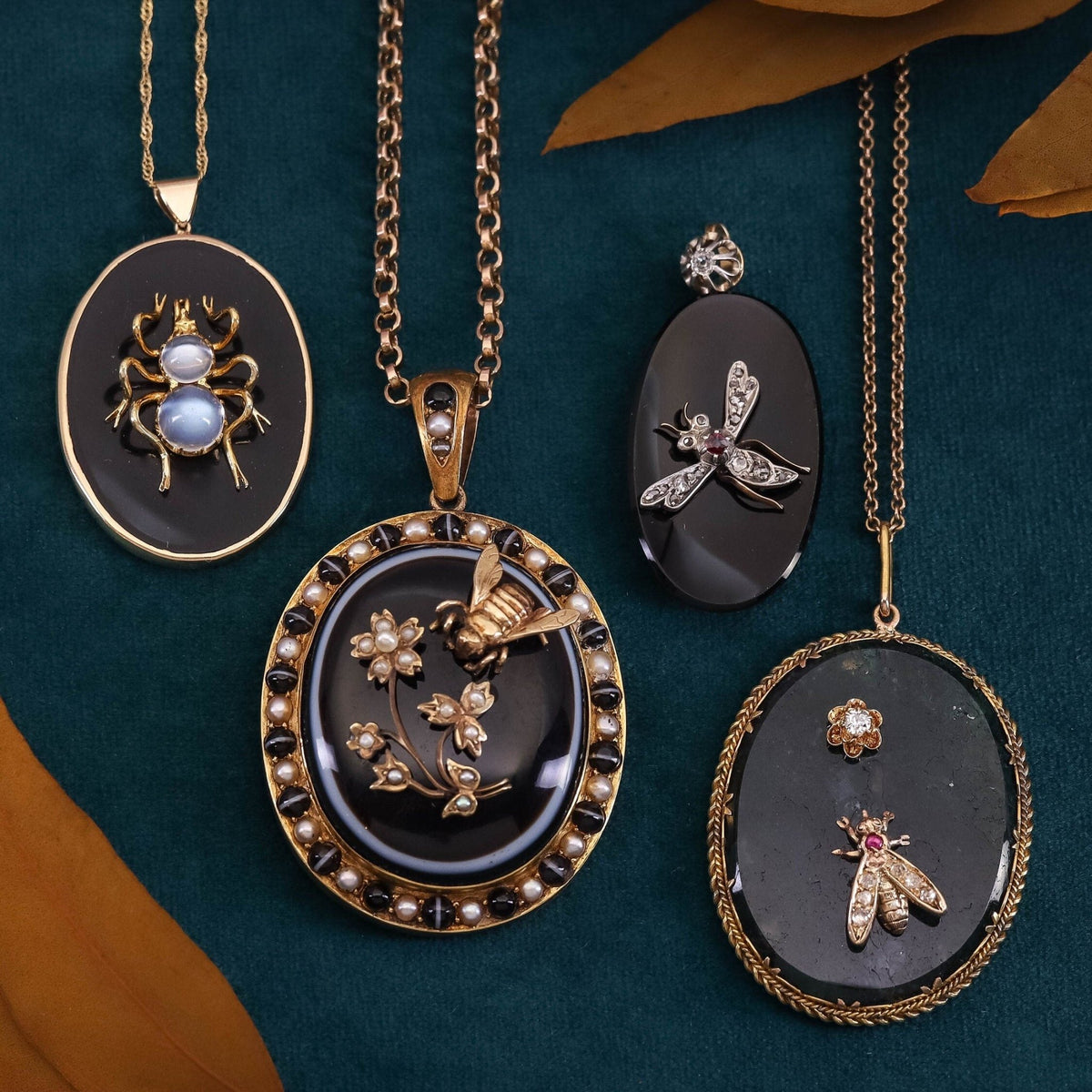 Antique Diamond Ruby and Onyx Insect Pendant of 14k Gold - Trademark Antiques