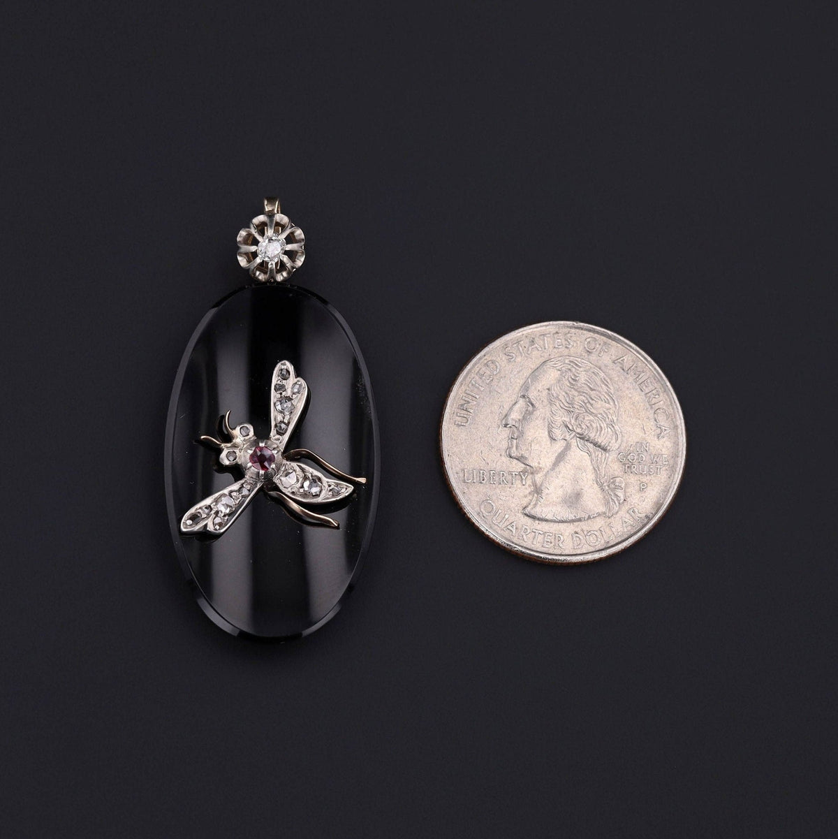 Antique Diamond Ruby and Onyx Insect Pendant of 14k Gold - Trademark Antiques