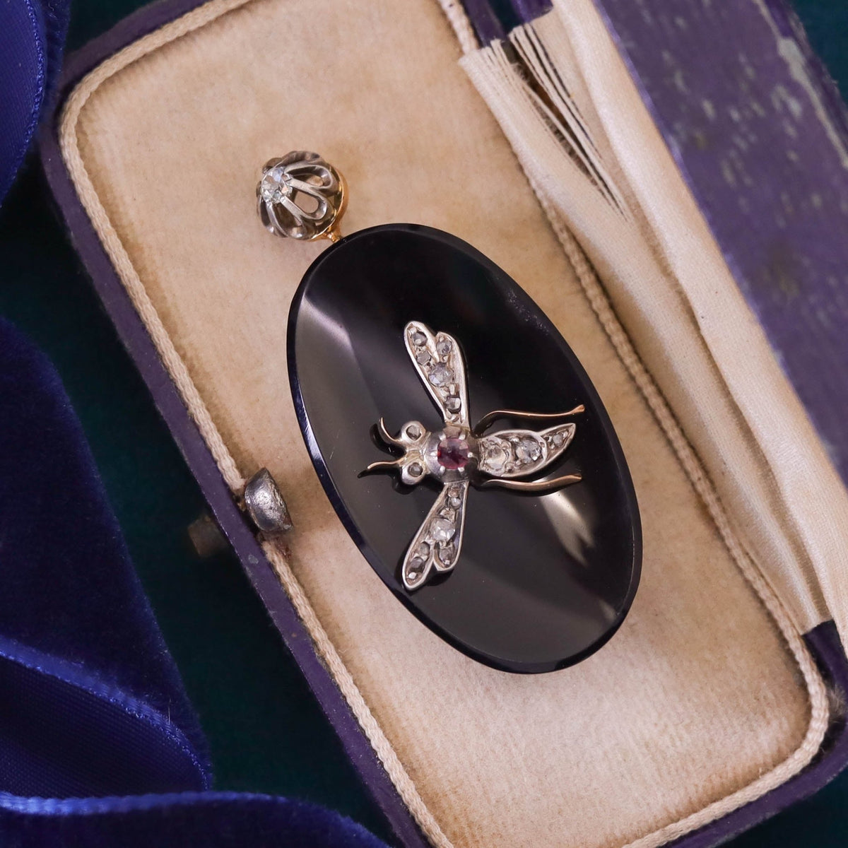 Antique Diamond Ruby and Onyx Insect Pendant of 14k Gold - Trademark Antiques