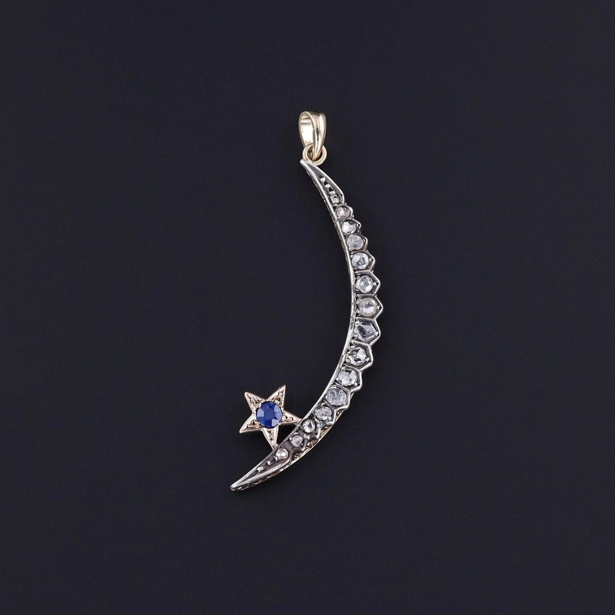 Antique Diamond &amp; Sapphire Crescent Moon Pendant - Trademark Antiques