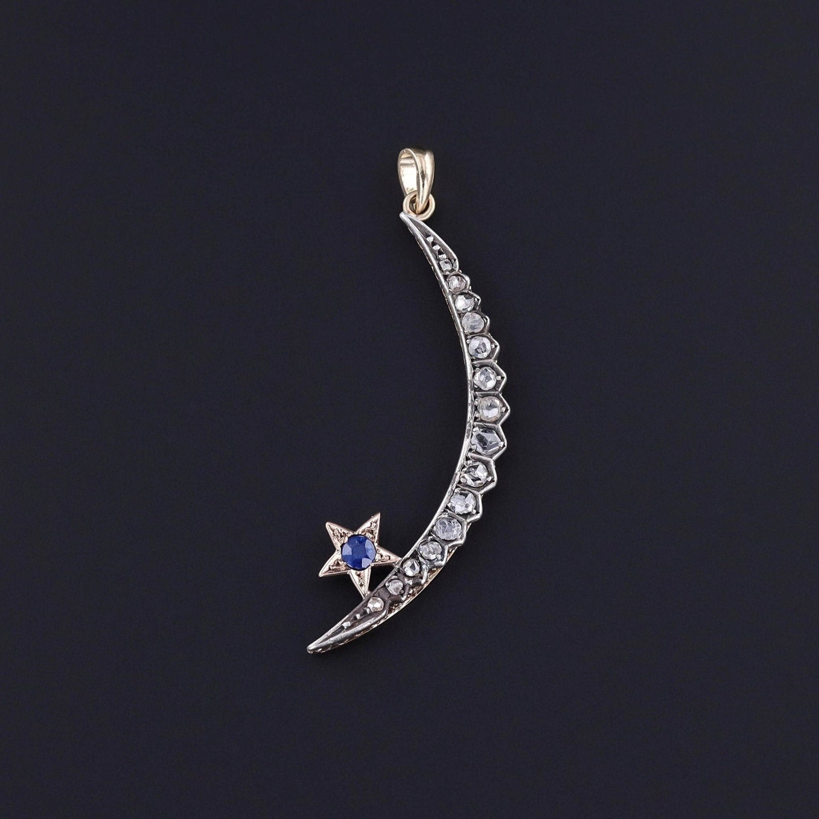 Antique Diamond & Sapphire Crescent Moon Pendant - Trademark Antiques