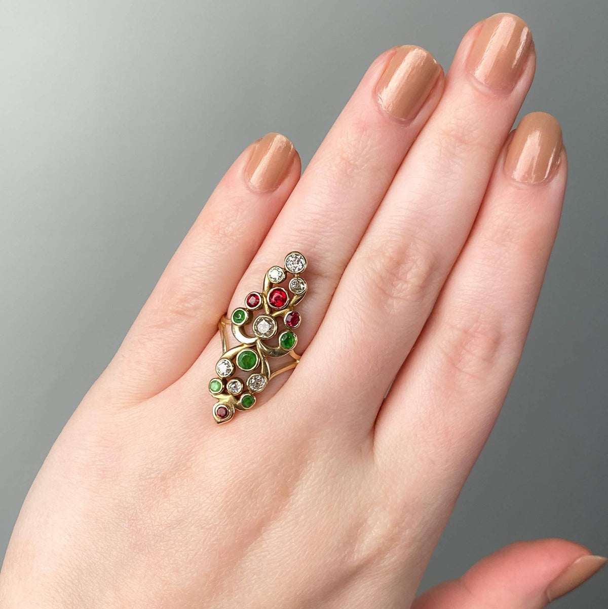 Antique Diamond, Spinel, and Demantoid Garnet Ring of 12k and 14k Gold - Trademark Antiques