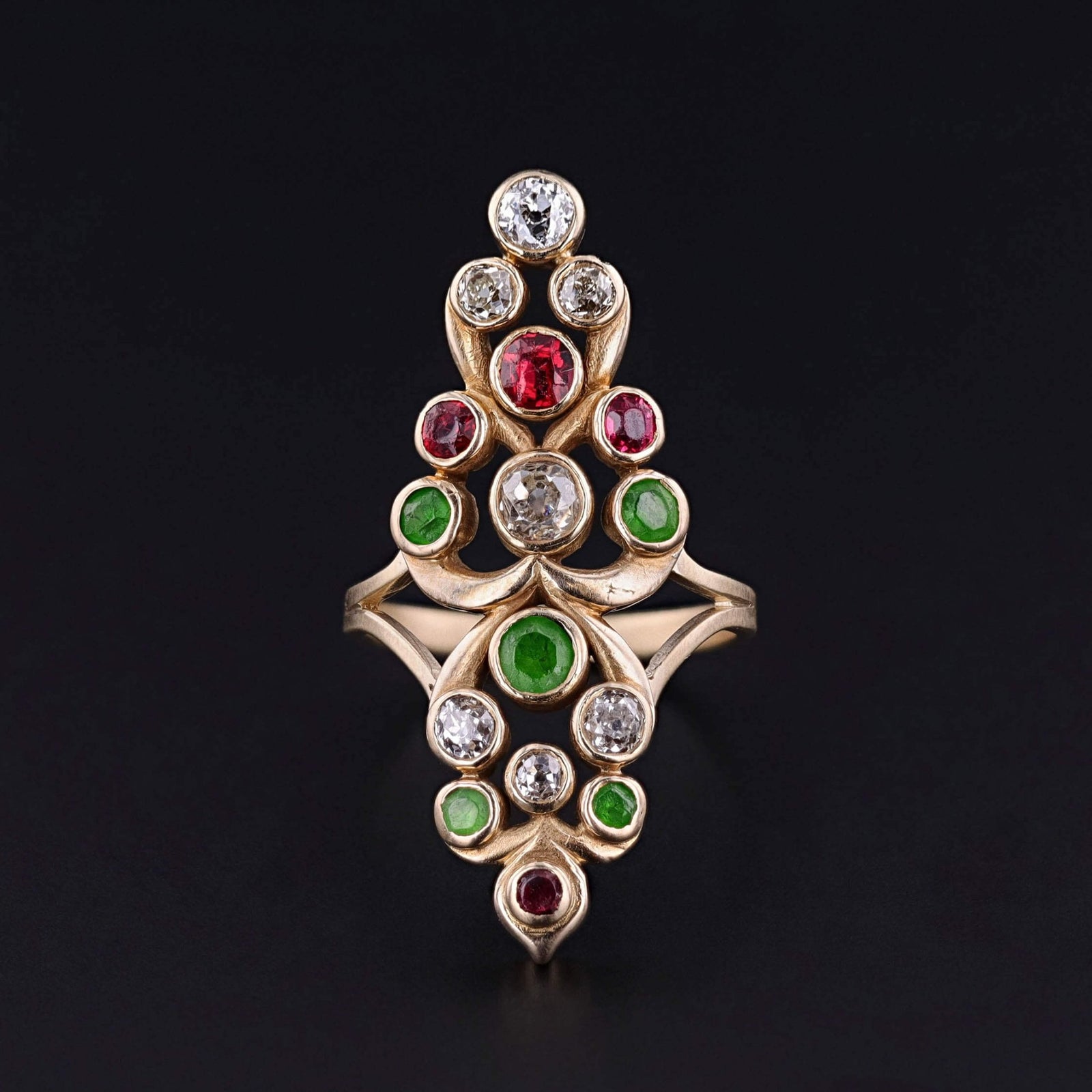 Antique Diamond, Spinel, and Demantoid Garnet Ring of 12k and 14k Gold - Trademark Antiques