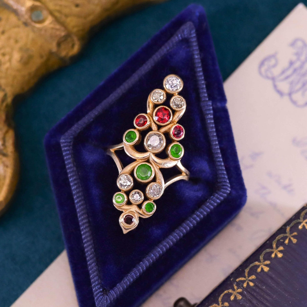 Antique Diamond, Spinel, and Demantoid Garnet Ring of 12k and 14k Gold - Trademark Antiques