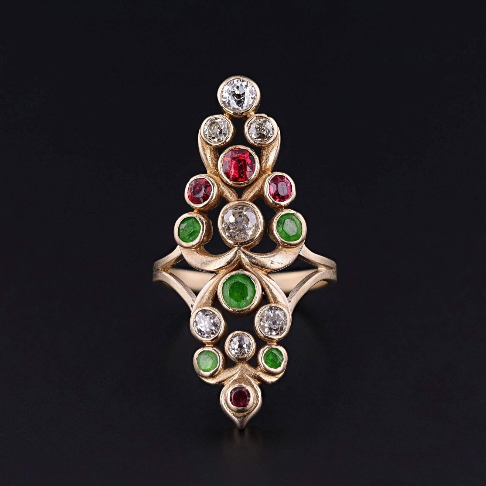 Antique Diamond, Spinel, and Demantoid Garnet Ring of 12k and 14k Gold - Trademark Antiques