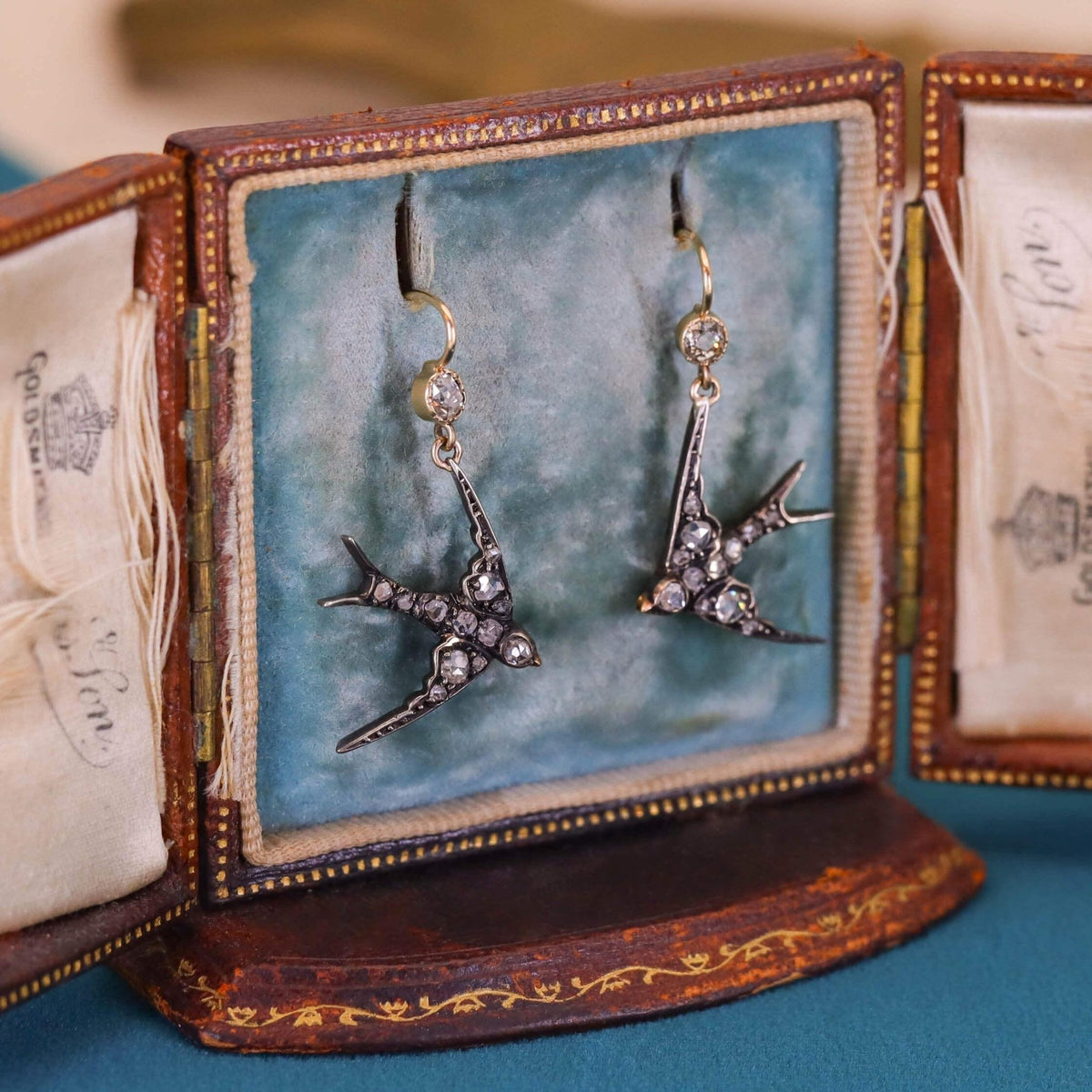 Antique Diamond Swallow Earrings of 14k Gold and Silver - Trademark Antiques
