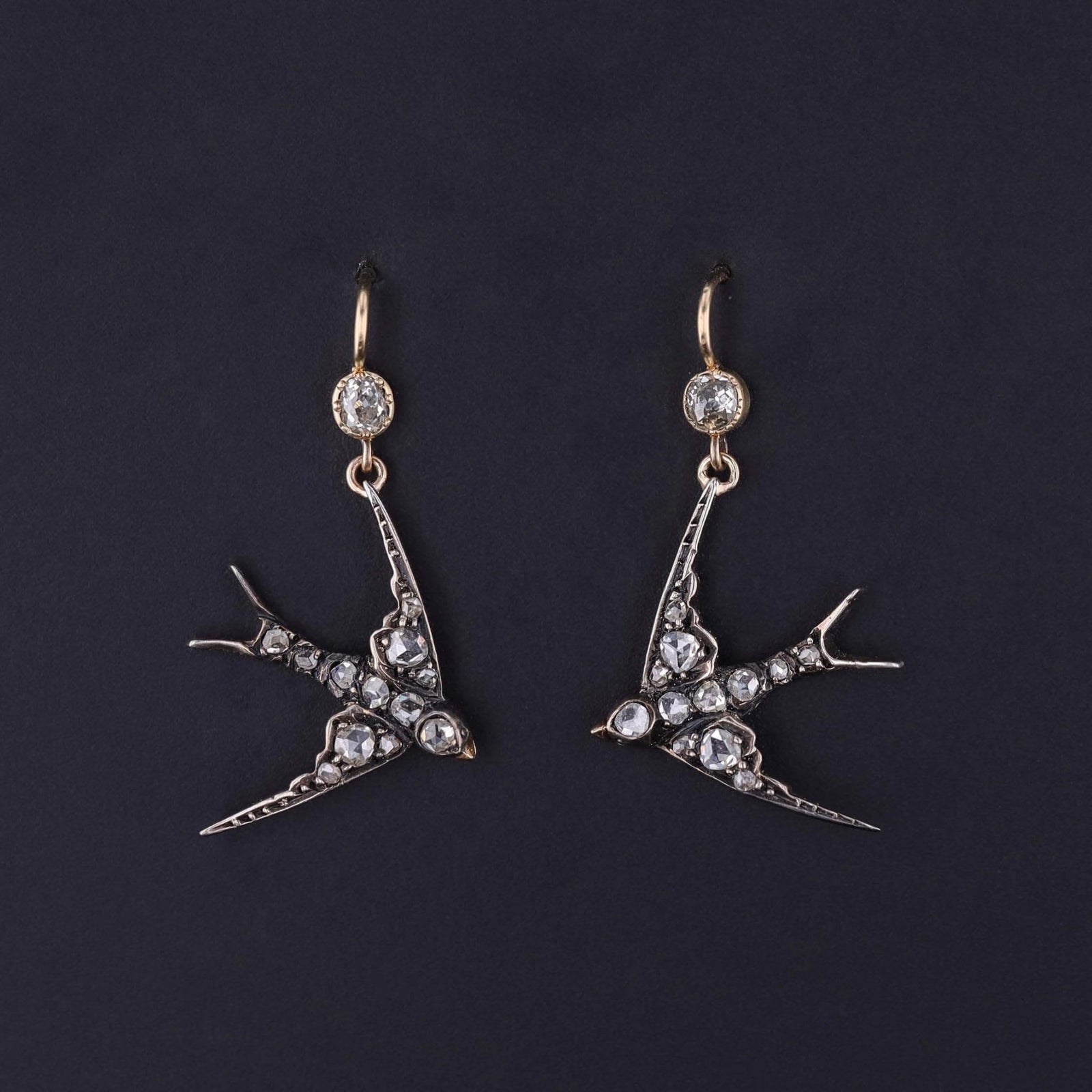 Antique Diamond Swallow Earrings of 14k Gold and Silver - Trademark Antiques