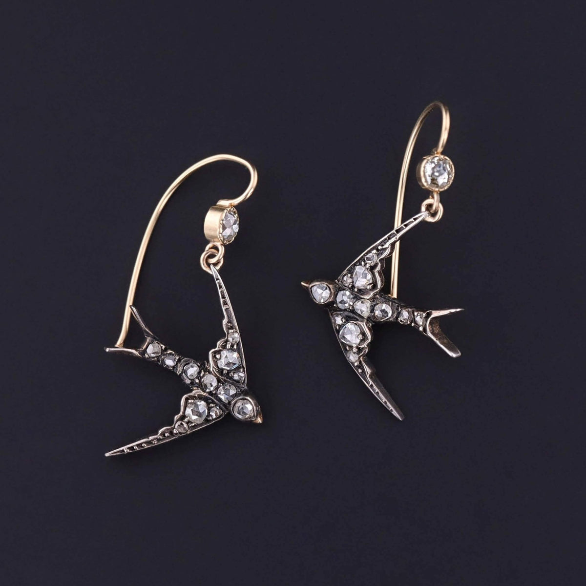 Antique Diamond Swallow Earrings of 14k Gold and Silver - Trademark Antiques