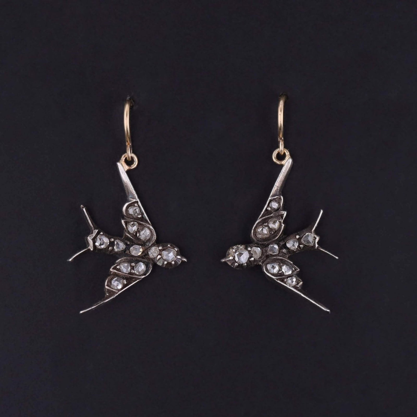 Antique Diamond Swallow Earrings of Silver Topped Gold - Trademark Antiques