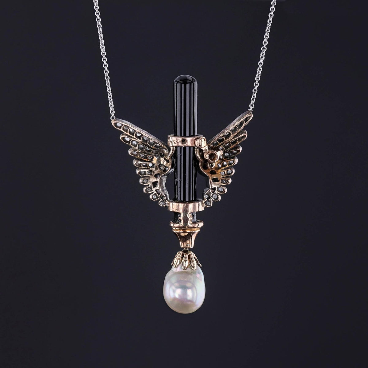 Antique Diamond Wing, Onyx and Pearl Necklace of 14k White Gold - Trademark Antiques