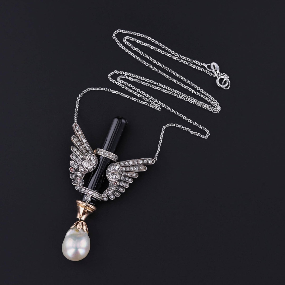 Antique Diamond Wing, Onyx and Pearl Necklace of 14k White Gold - Trademark Antiques